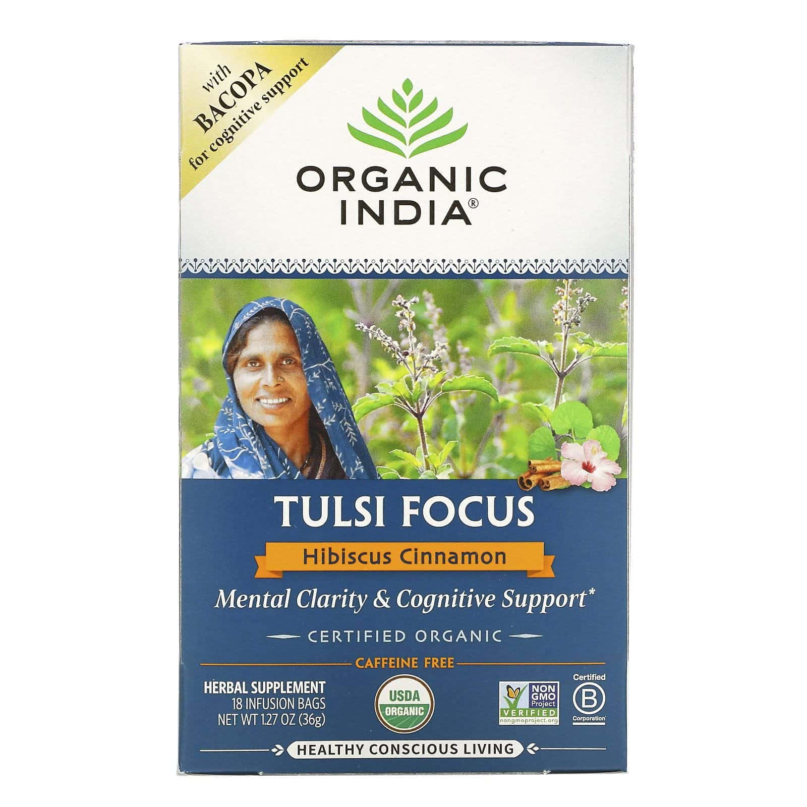 Organic India, Tulsi Focus with Bacopa, Hibiscus Cinnamon, Caffeine Free, 18 Infusion Bags, 1.27 oz (36 g)