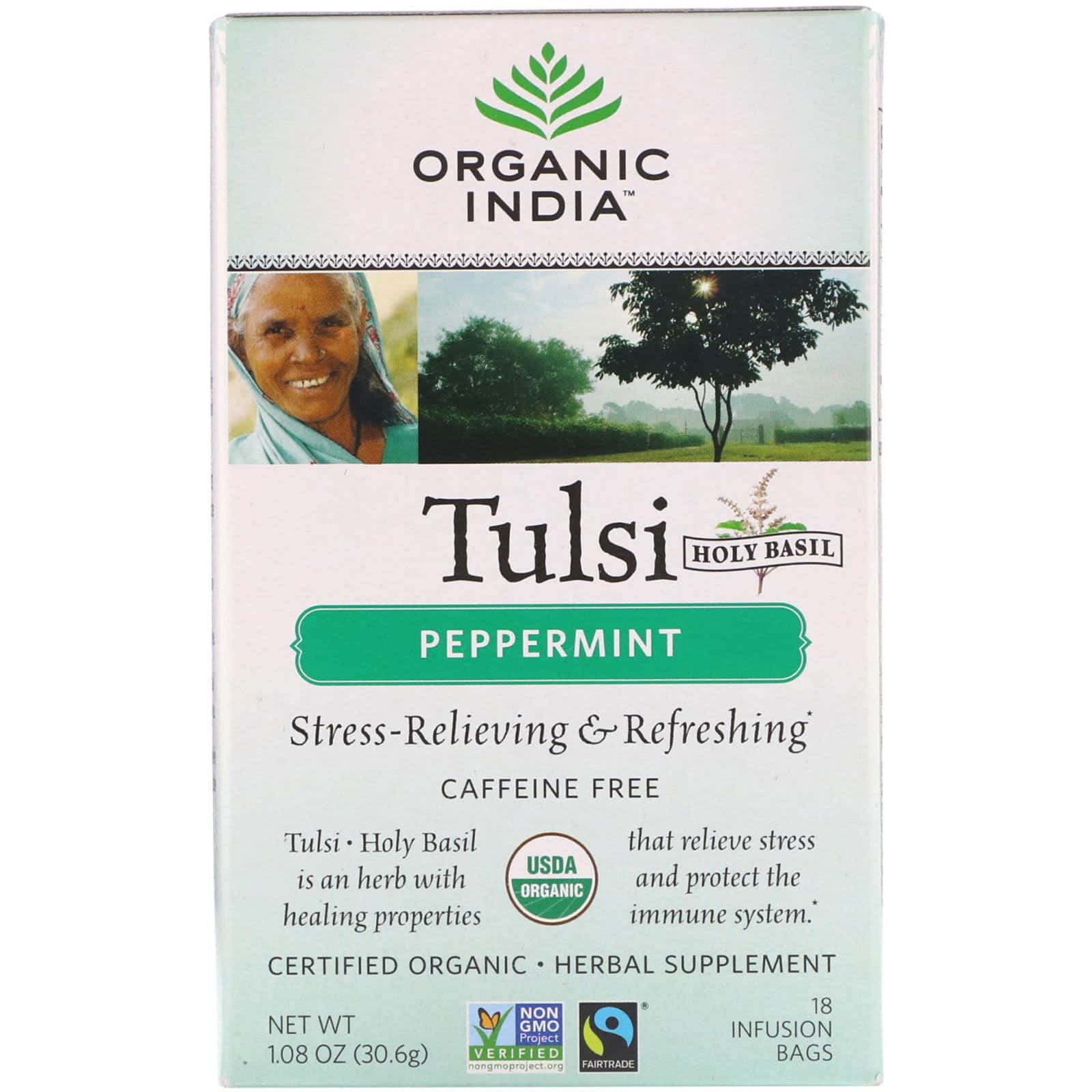 Organic India, Té tulsí, menta, sin cafeína, 18 saquitos para infusión, 30,6 g (1,08 oz)