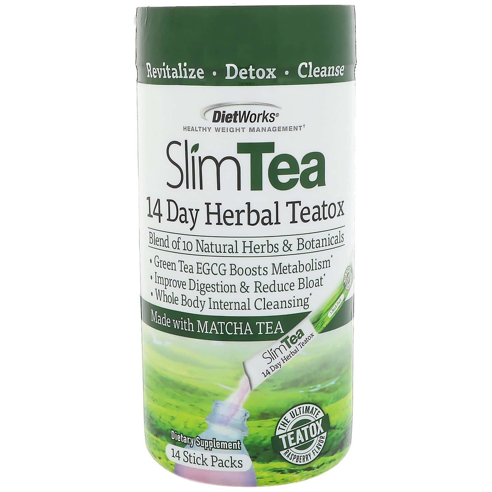 DietWorks, Té adelgazante, té de hierbas desintoxicante en 14 días, té Matcha, sabor a frambuesa, 14 sobres