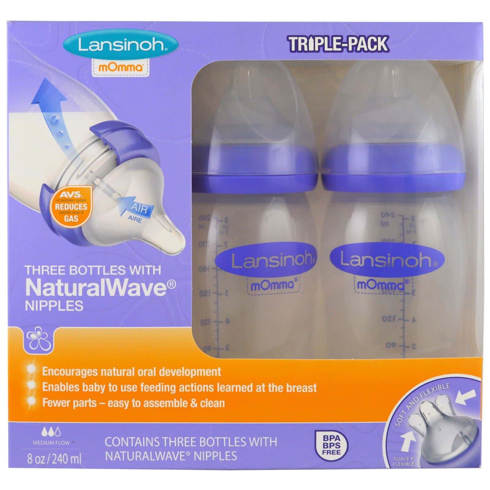 Lansinoh, Botellas con forma natural de pezón, flujo medio, 3 botellas, 8 oz (240 ml) cada una