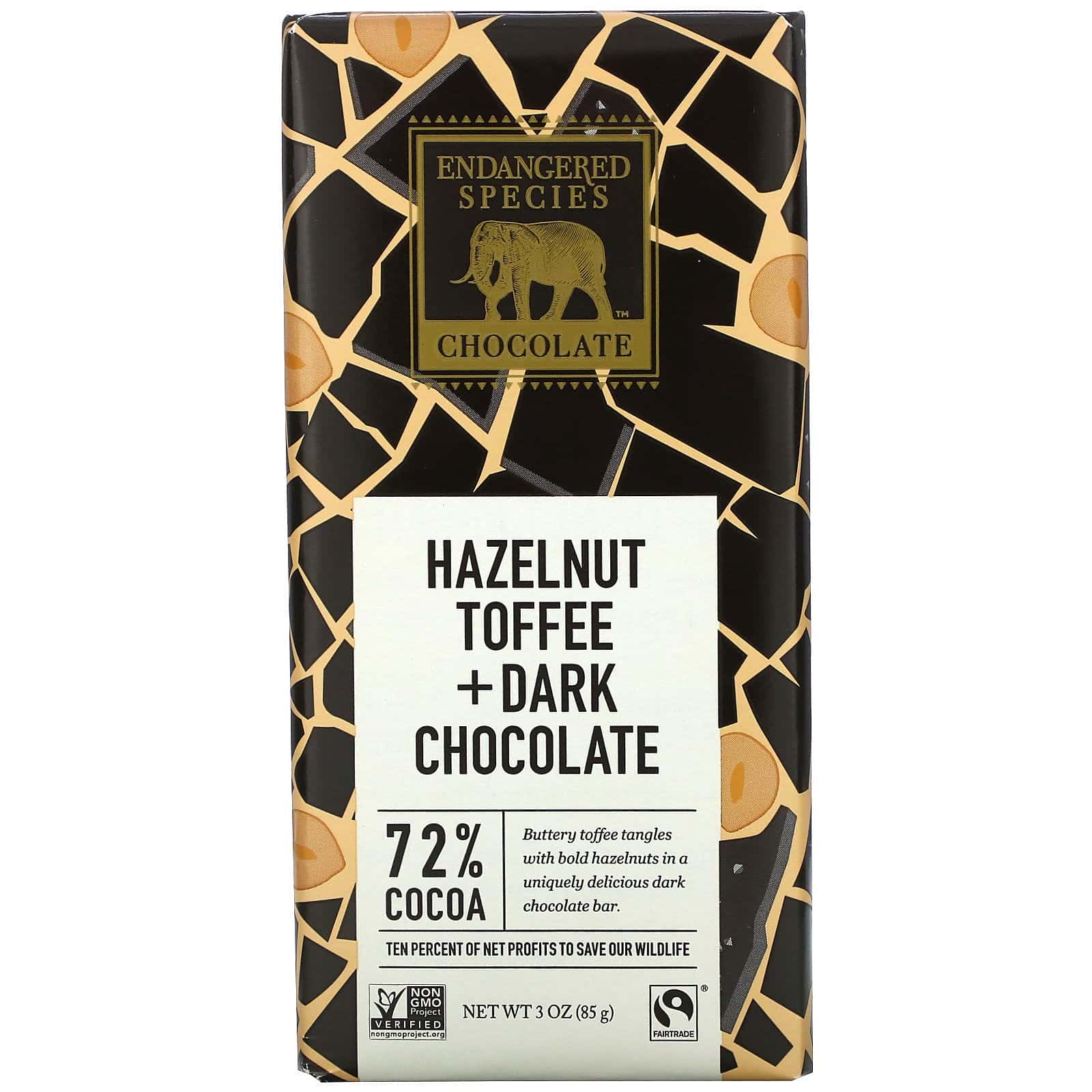 Endangered Species Chocolate, Toffee de avellana y chocolate negro, 72 % de cacao, 85 g (3 oz)