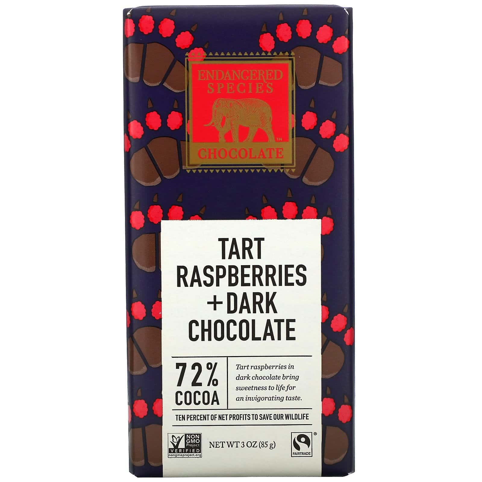 Endangered Species Chocolate, Tableta de chocolate negro y frambuesas ácidas, 72 % de cacao, 85 g (3 oz)