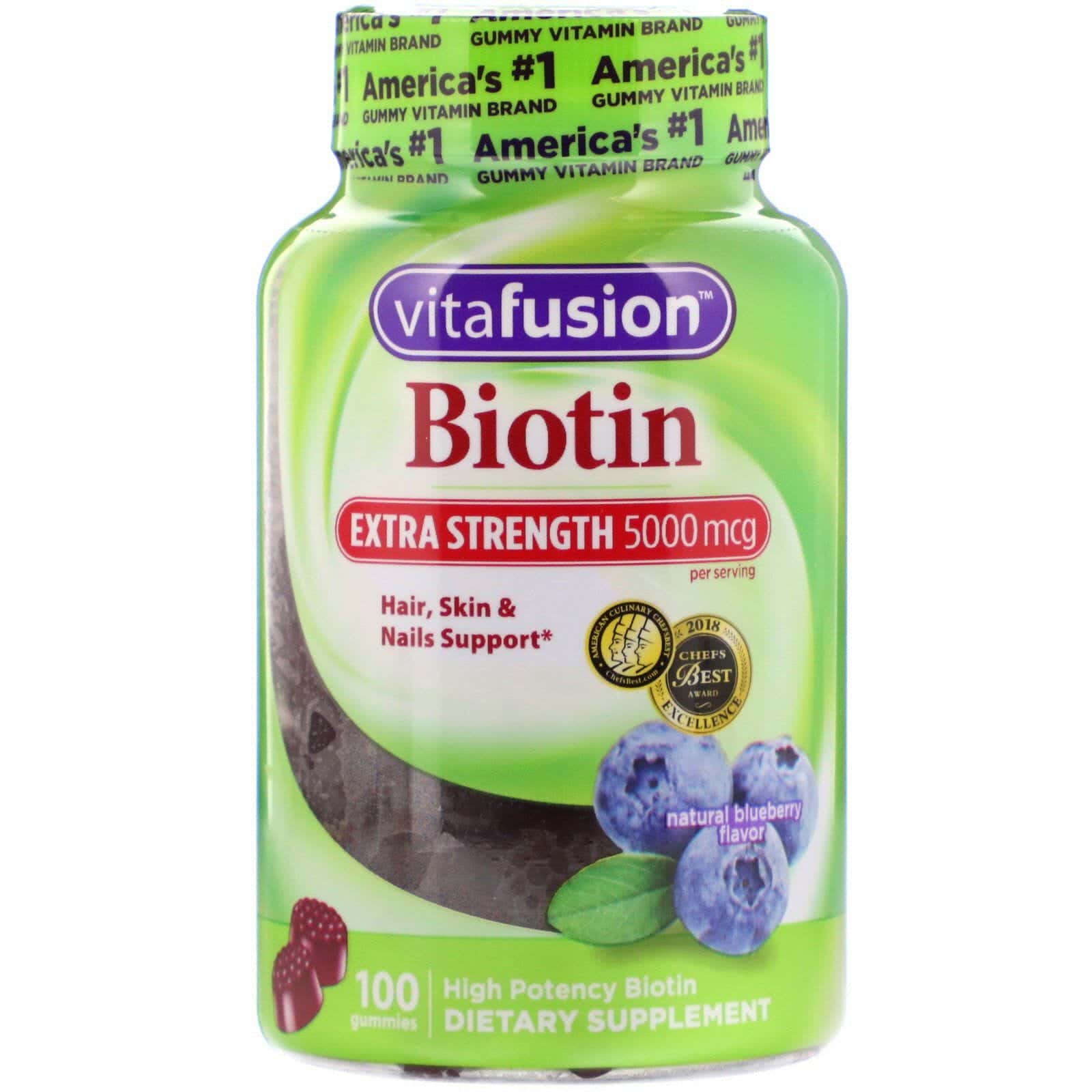 VitaFusion, Biotina extrafuerza, Sabor natural a arándano azul, 5.000 mcg, 100 gomitas