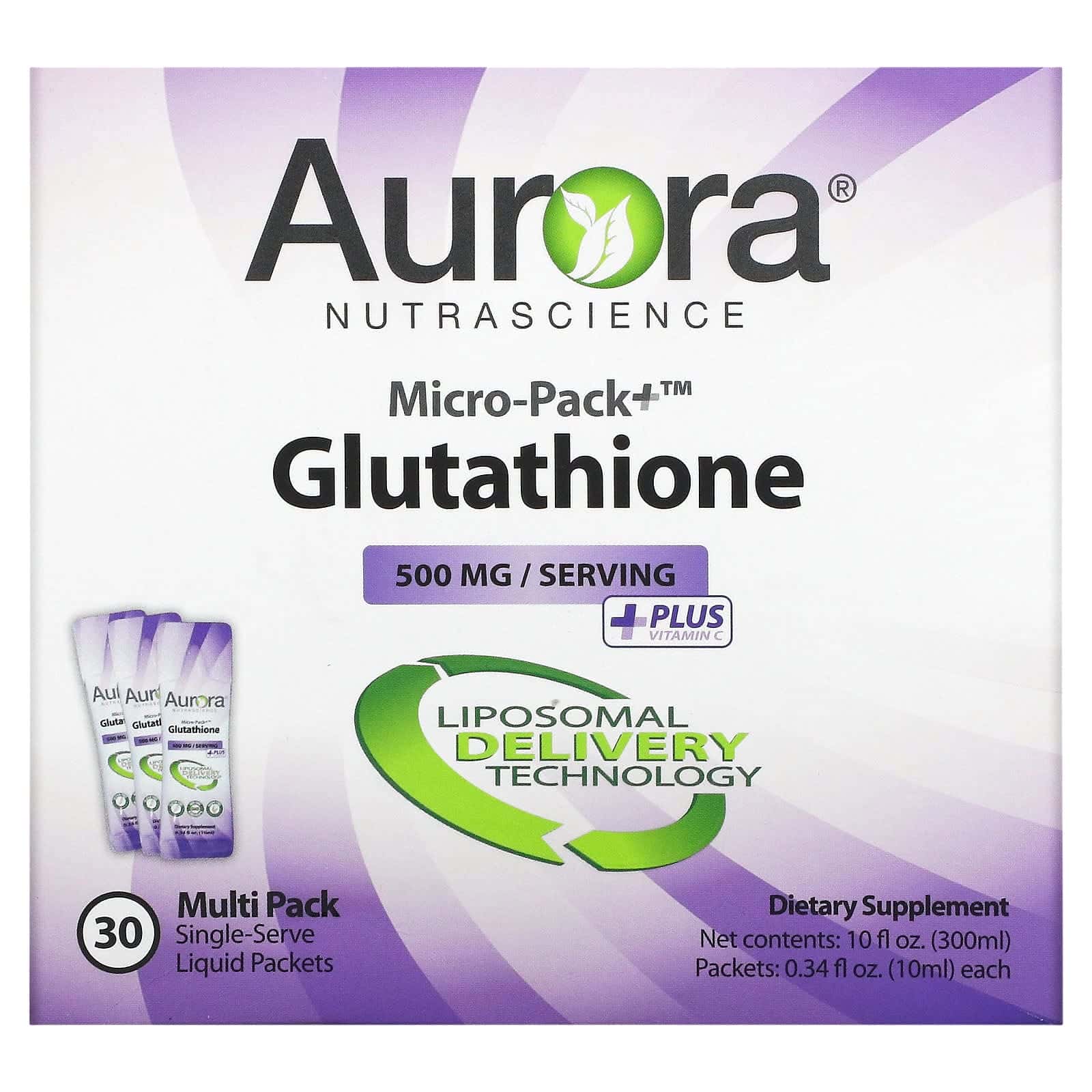 Aurora Nutrascience, Glutatión Micro-Pack+, 500 mg, 30 sobres, 10 ml (0,34 oz. líq.) cada uno