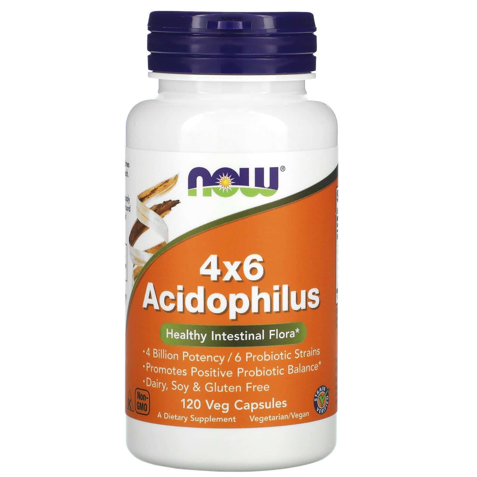 Now Foods, 4x6 Acidophilus, 120 cápsulas vegetales
