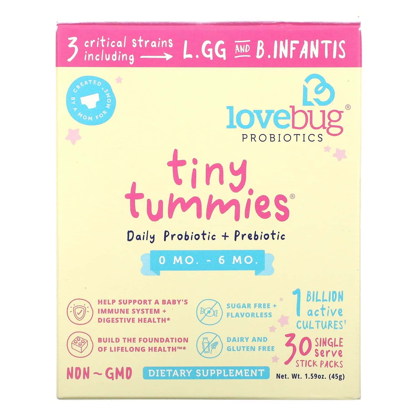 LoveBug Probiotics, Tiny Tummies, Probióticos y prebióticos de ingesta diaria, De 0 a 6 meses, 1000 millones de UFC, 30 sobrecitos individuales, 1,5 g (0,05 oz)