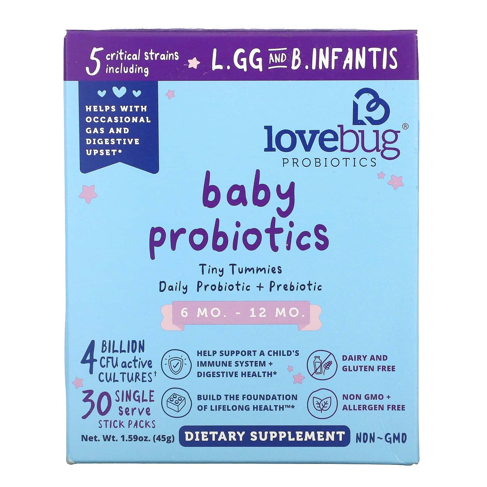LoveBug Probiotics, Probióticos para bebés, Tiny Tummies, Probióticos y prebióticos de ingesta diaria, De 6 a 12 meses, 4000 millones de UFC, 30 sobrecitos individuales, 1,5 g (0,05 oz)