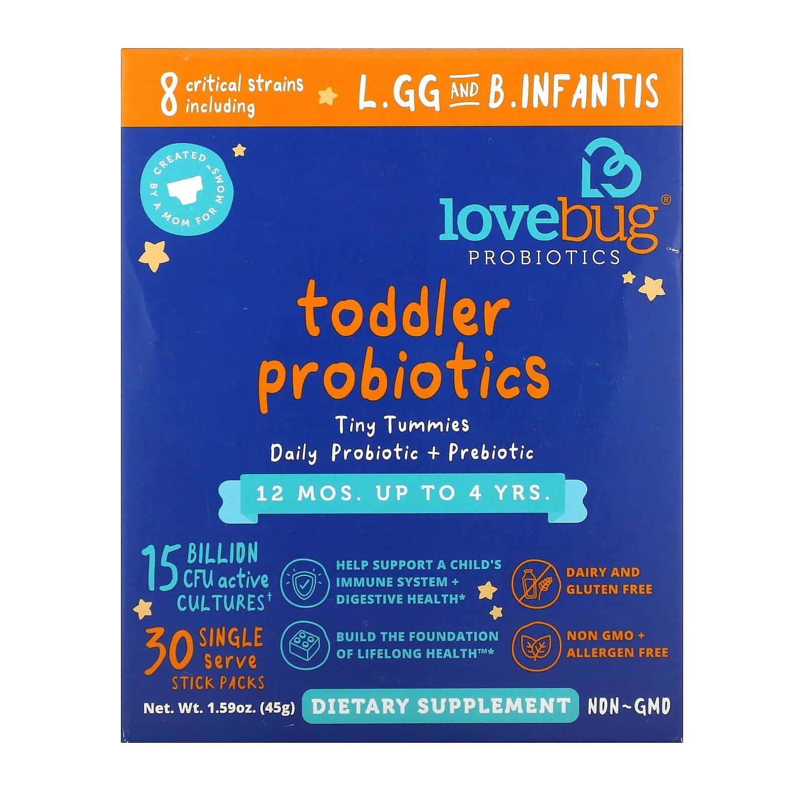 LoveBug Probiotics, Probióticos para niños pequeños, Tiny Tummies, Probióticos y prebióticos de ingesta diaria, De 12 meses a 4 años, 30 sobrecitos individuales, 45 g (1,59 oz)