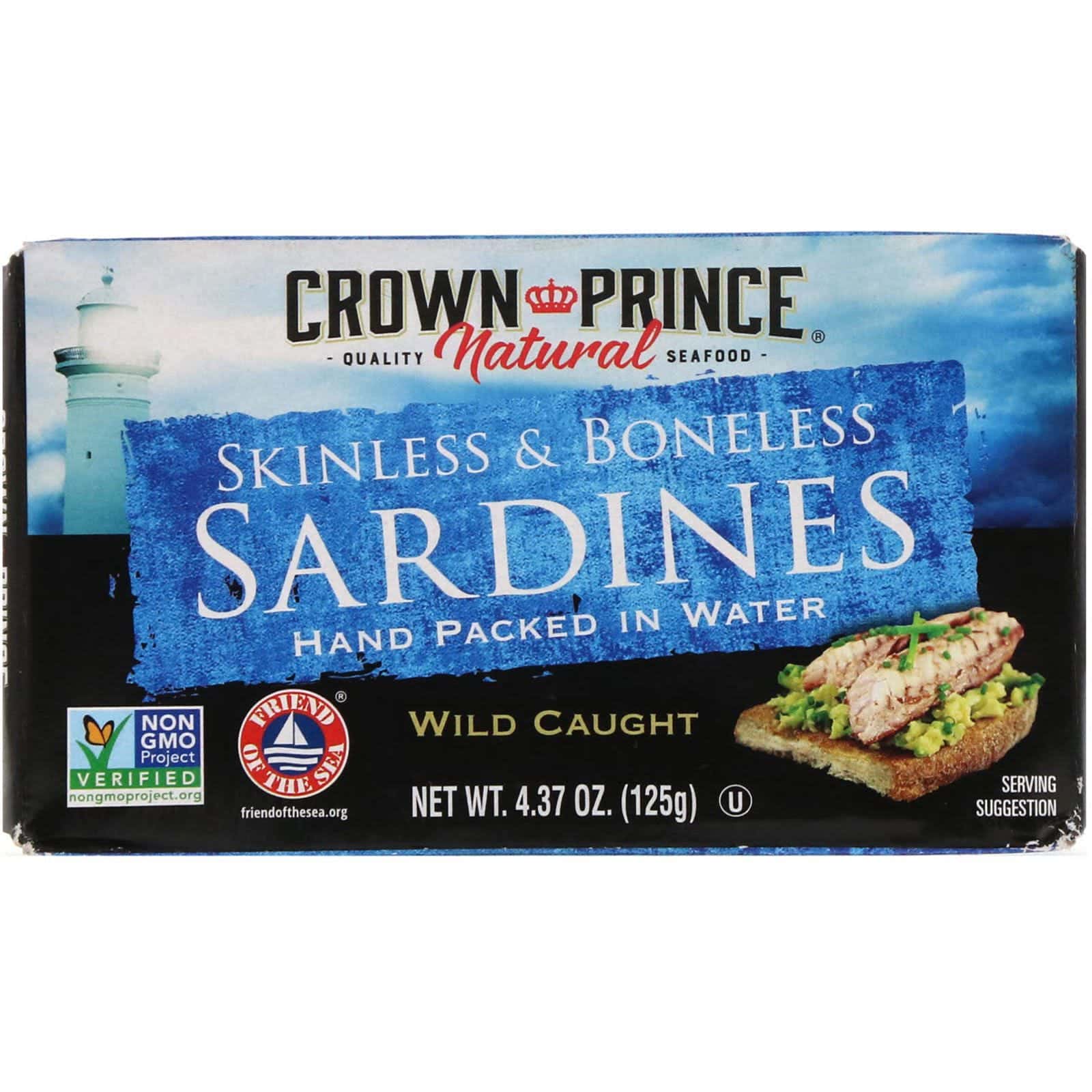 Crown Prince Natural, Sardinas sin piel y sin espinas, envasadas a mano en agua, 4.37 oz (125 g)