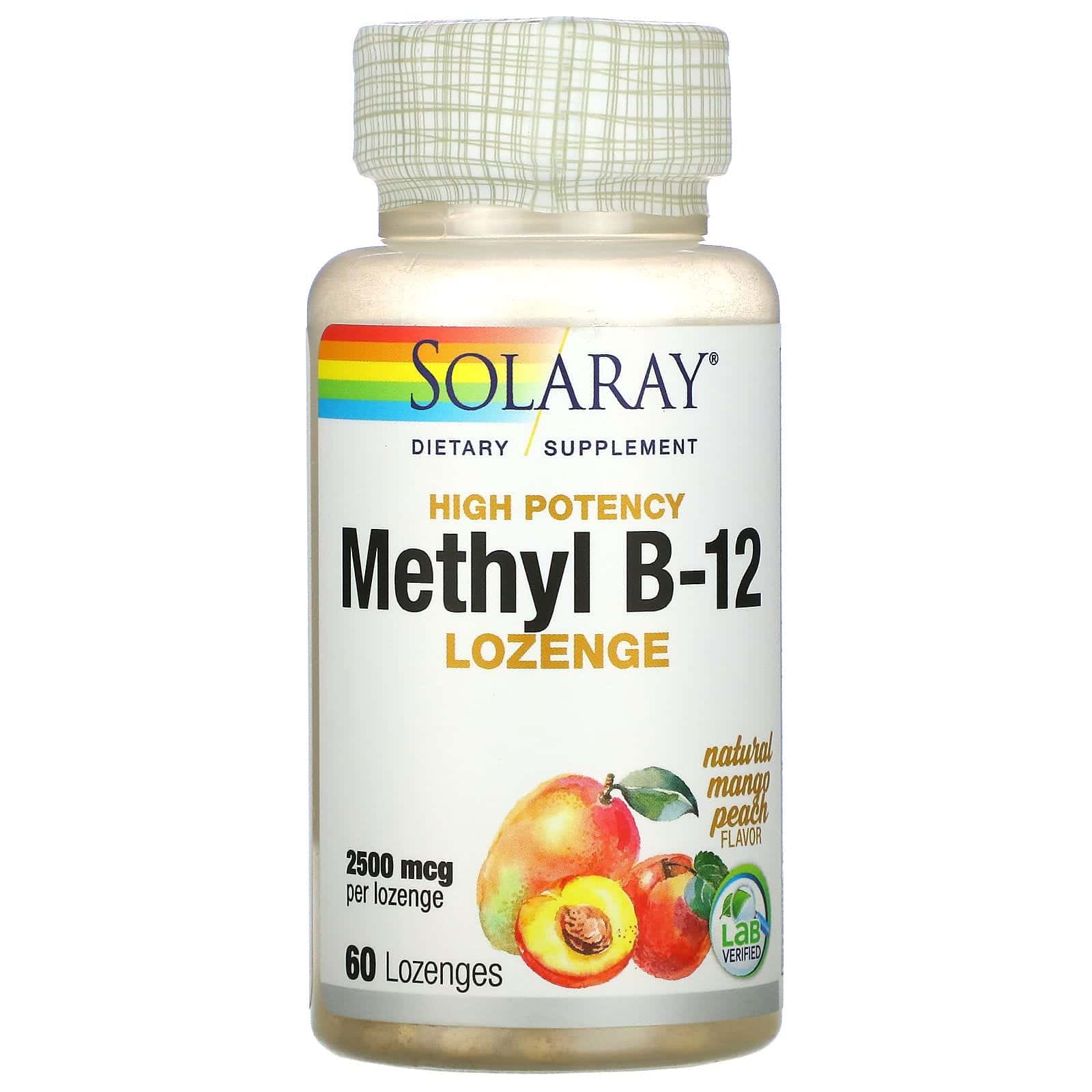 Solaray, Metil B-12 de alta potencia, melocotón y mango natural, 2500 mcg, 60 pastillas