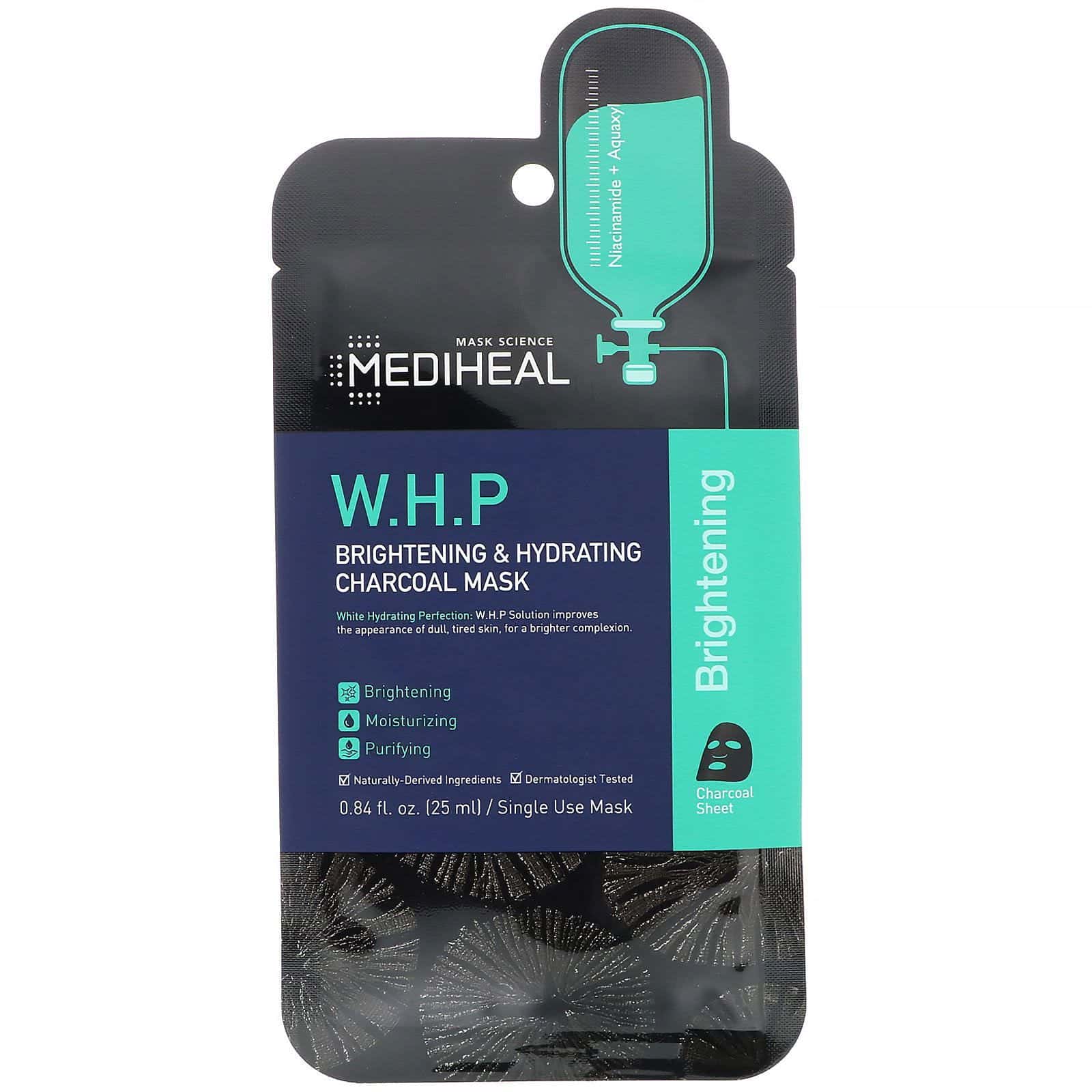 Mediheal, Mascarilla iluminadora e hidratante de carbón vegetal W.H.P., paquete de 5 unidades