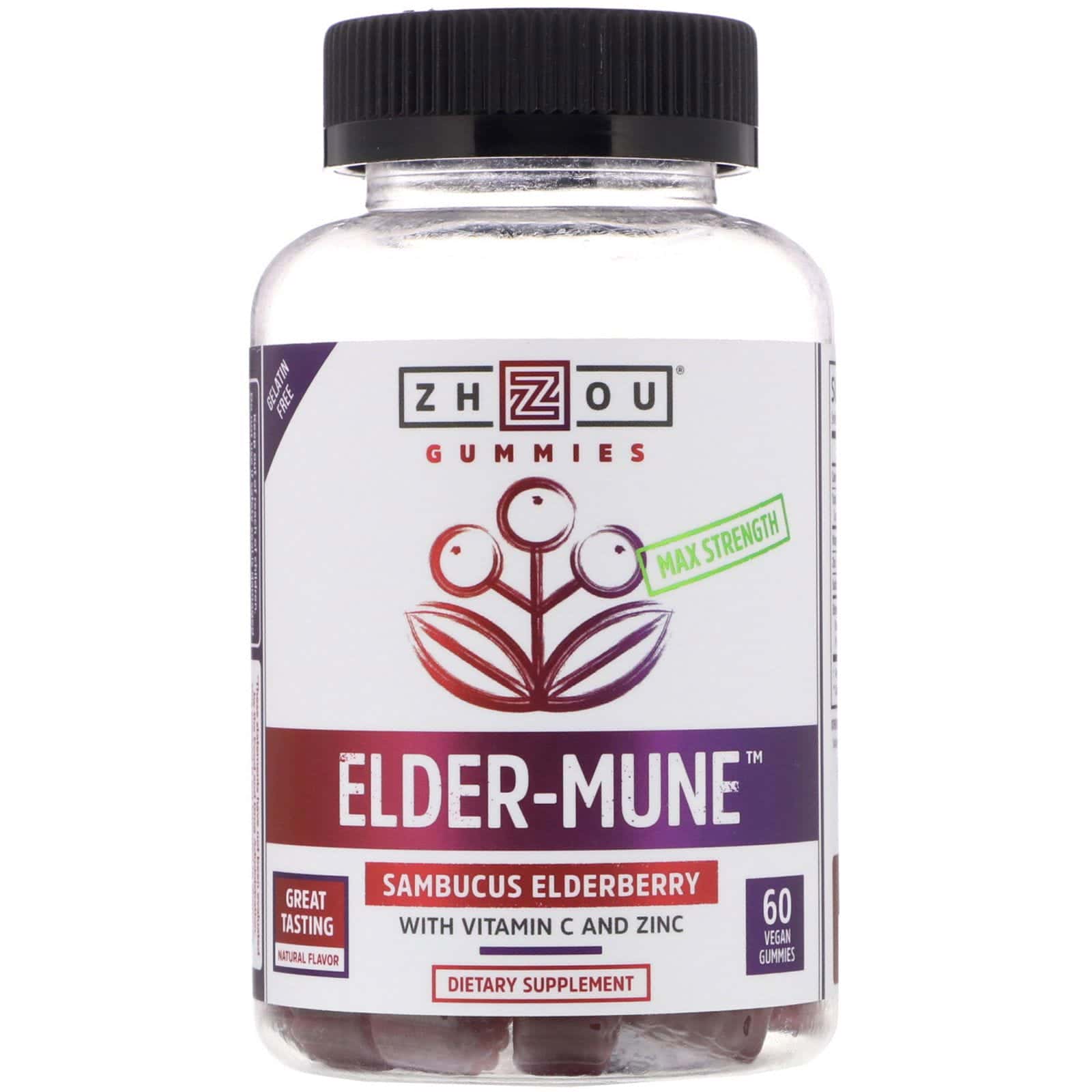 Zhou Nutrition, Max Strength Elder-Mune, saúco Sambucus, 60 gomitas aptas para vegetarianos