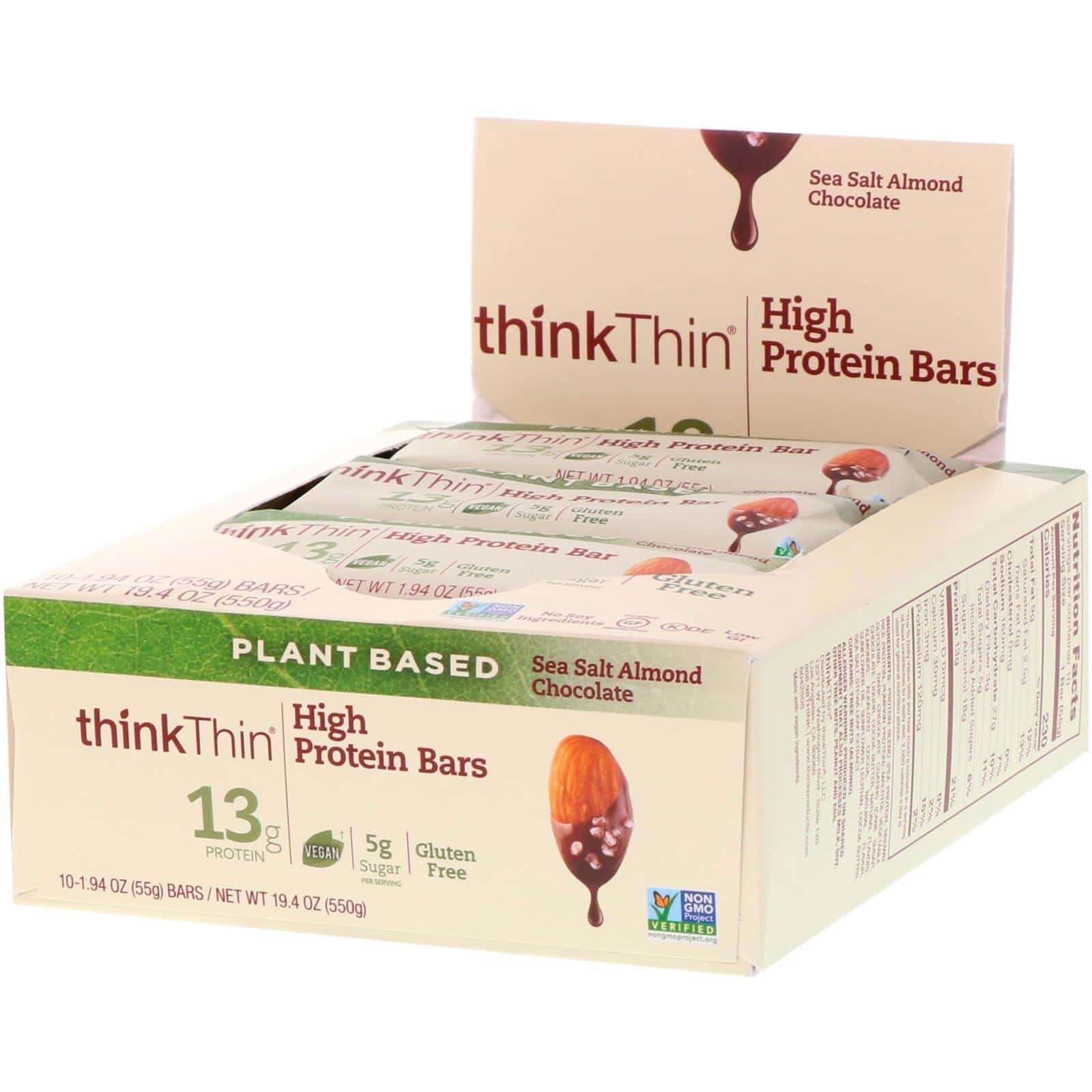 ThinkThin, Barras altas en proteína, Chocolate y almendras con sal marina, 10 barras, 1,94 oz (55 g) c/u