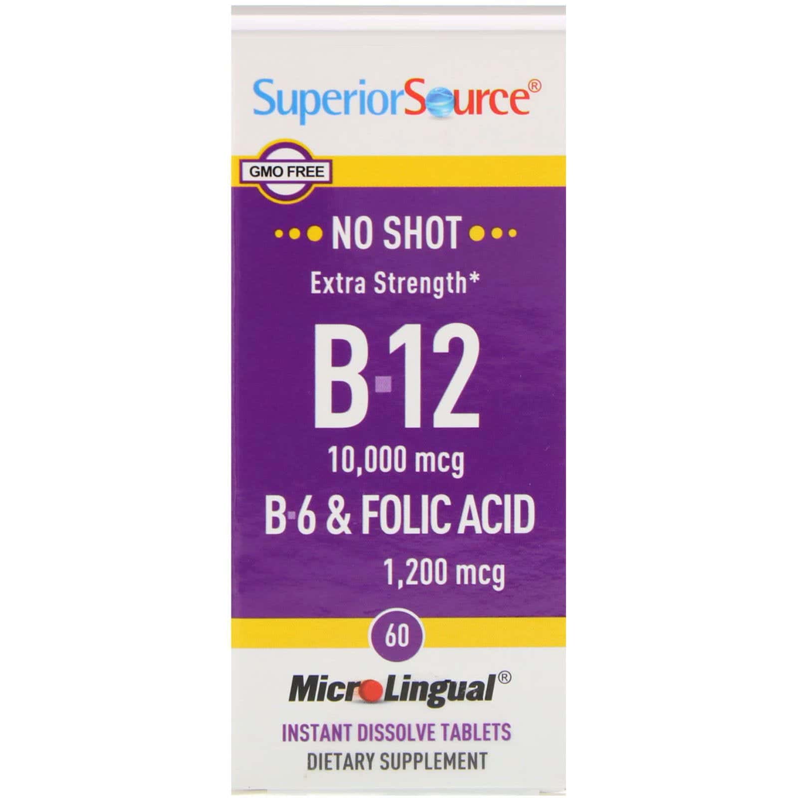 Superior Source, Fuerza Extra B-12, B-6 & Ácido Fólico, 10,000 mcg / 1200 mcg, 60 comprimidos MicroLingual de disolución instantánea
