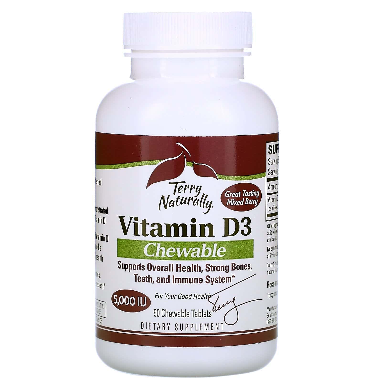 Terry Naturally, Vitamina D3 masticable, Bayas mixtas, 5000 UI, 90 comprimidos masticables
