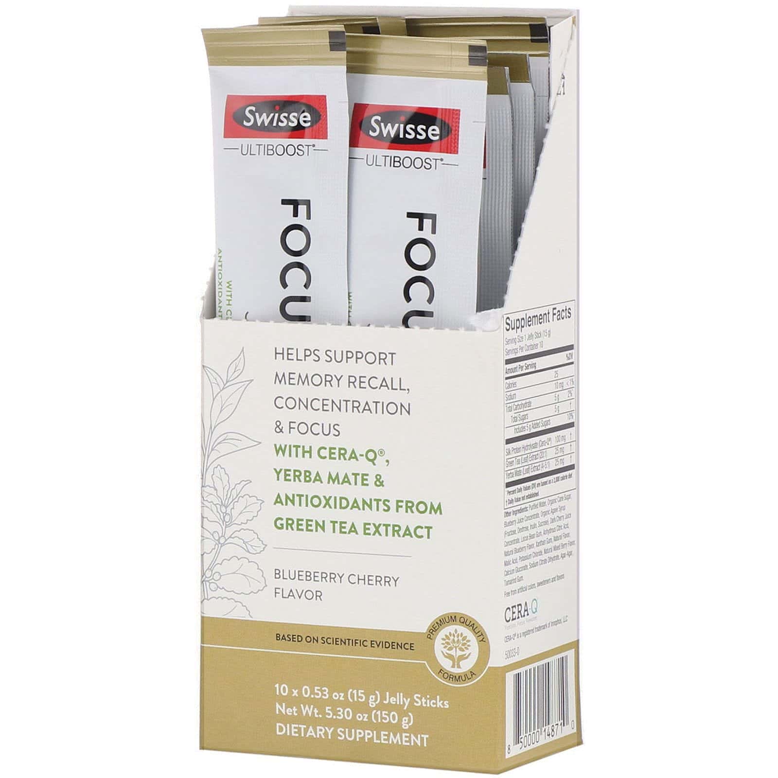 Swisse, Ultiboost, Jalea potenciadora de la concentración, Sabor arándanos y cerezas, 10 varillas, 15 g (0,53 oz) cada una