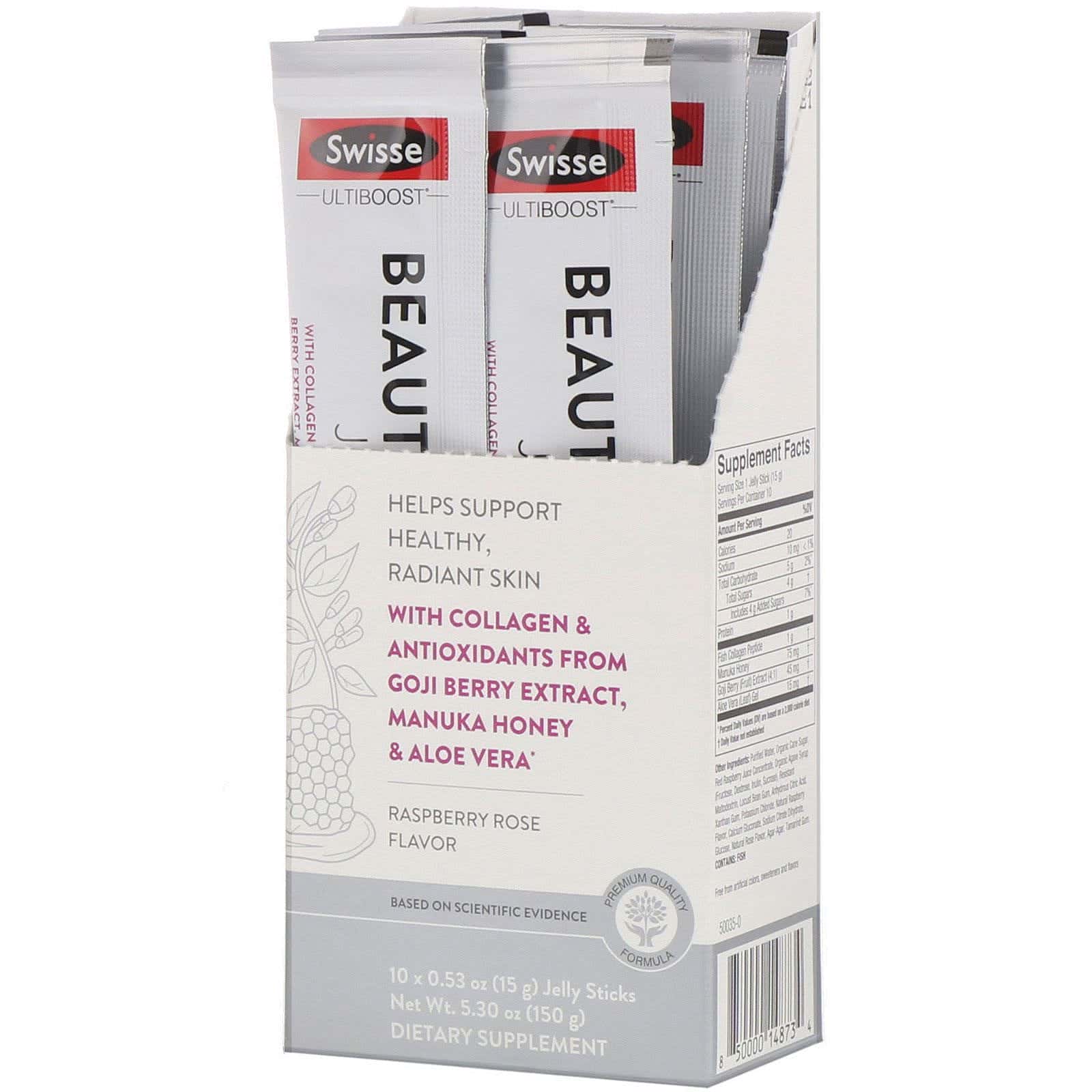 Swisse, Ultiboost, Jalea potenciadora de la belleza, Sabor rosas y frambuesas, 10 varillas, 15 g (0,53 oz) cada una