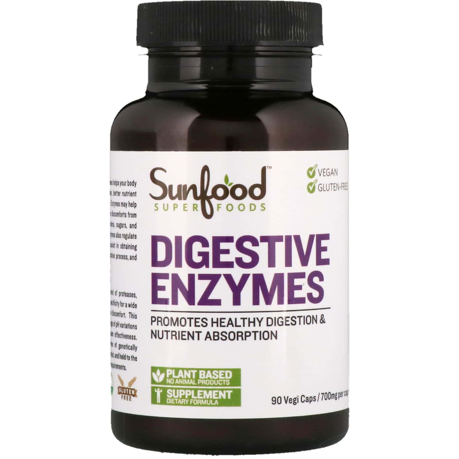 Sunfood, Enzimas digestivas, 700 mg, 90 cápsulas vegetales