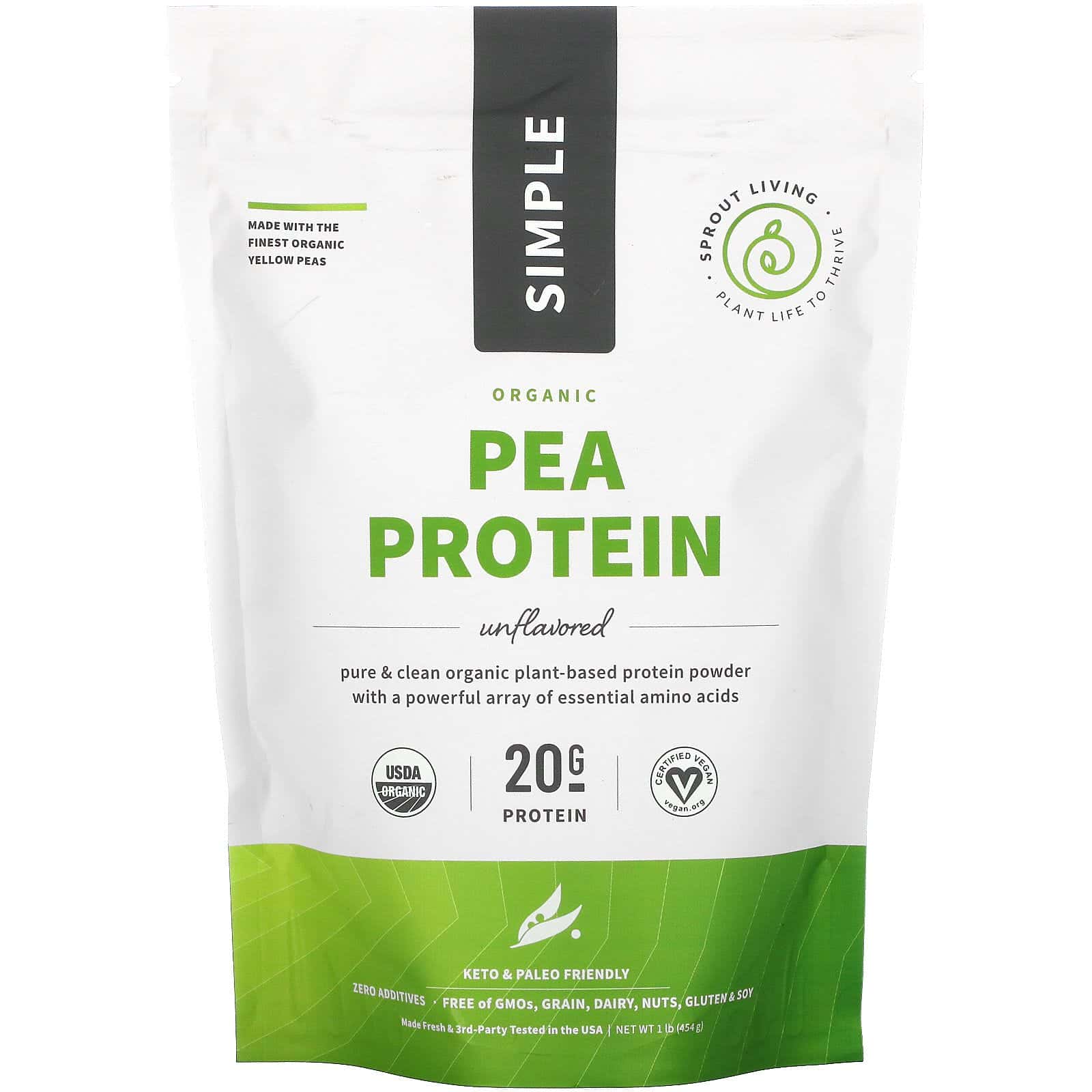 Sprout Living, Simple, Proteína de guisante orgánico, Sin sabor, 454 g (1 lb)