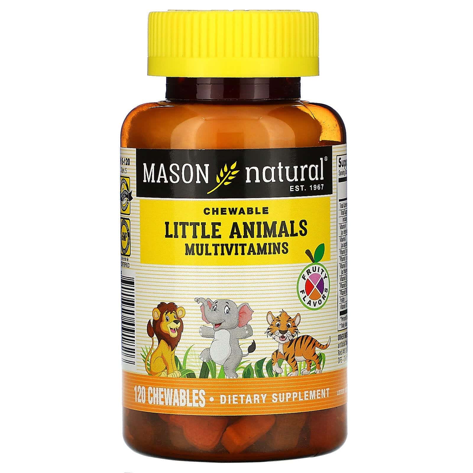 Mason Natural, Suplemento multivitamínico con forma de animalitos, Sabores frutales, 120 comprimidos masticables