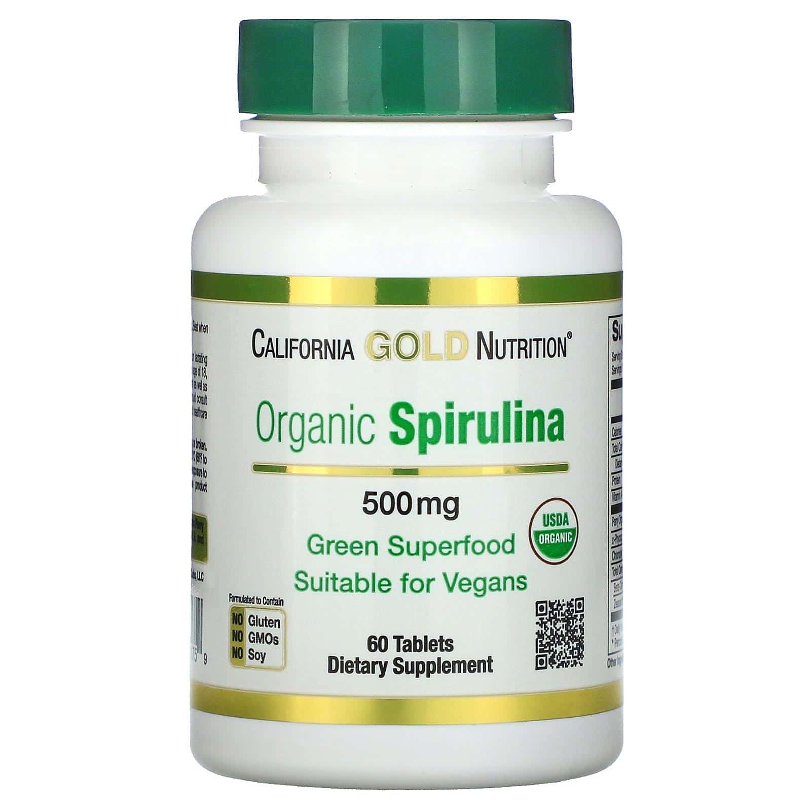California Gold Nutrition, Espirulina orgánica, Producto orgánico certificado por el USDA, 500 mg, 60 comprimidos