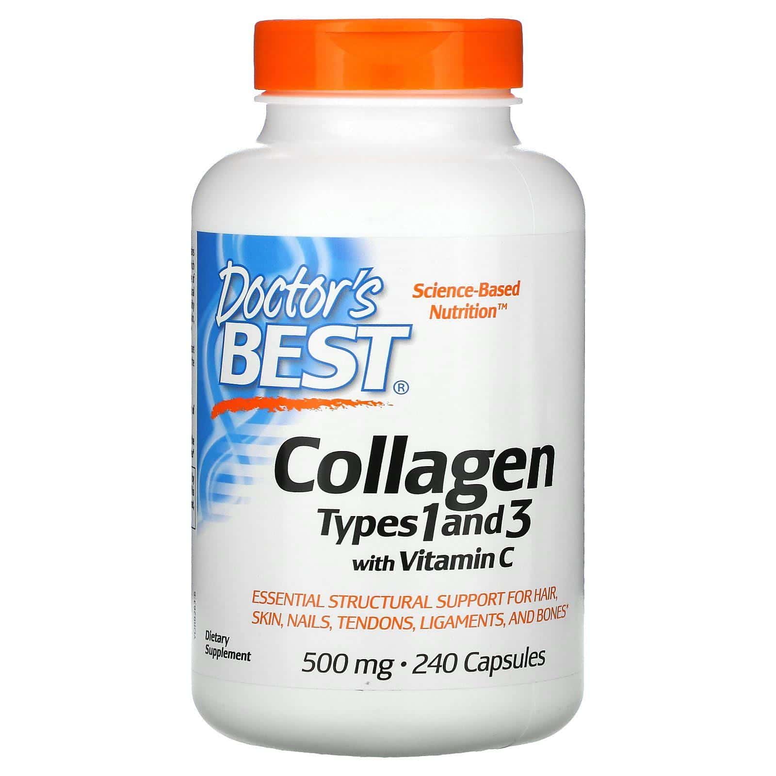 Doctor's Best, Colágeno de tipo 1 y 3 con vitamina C, 500 mg, 240 cápsulas