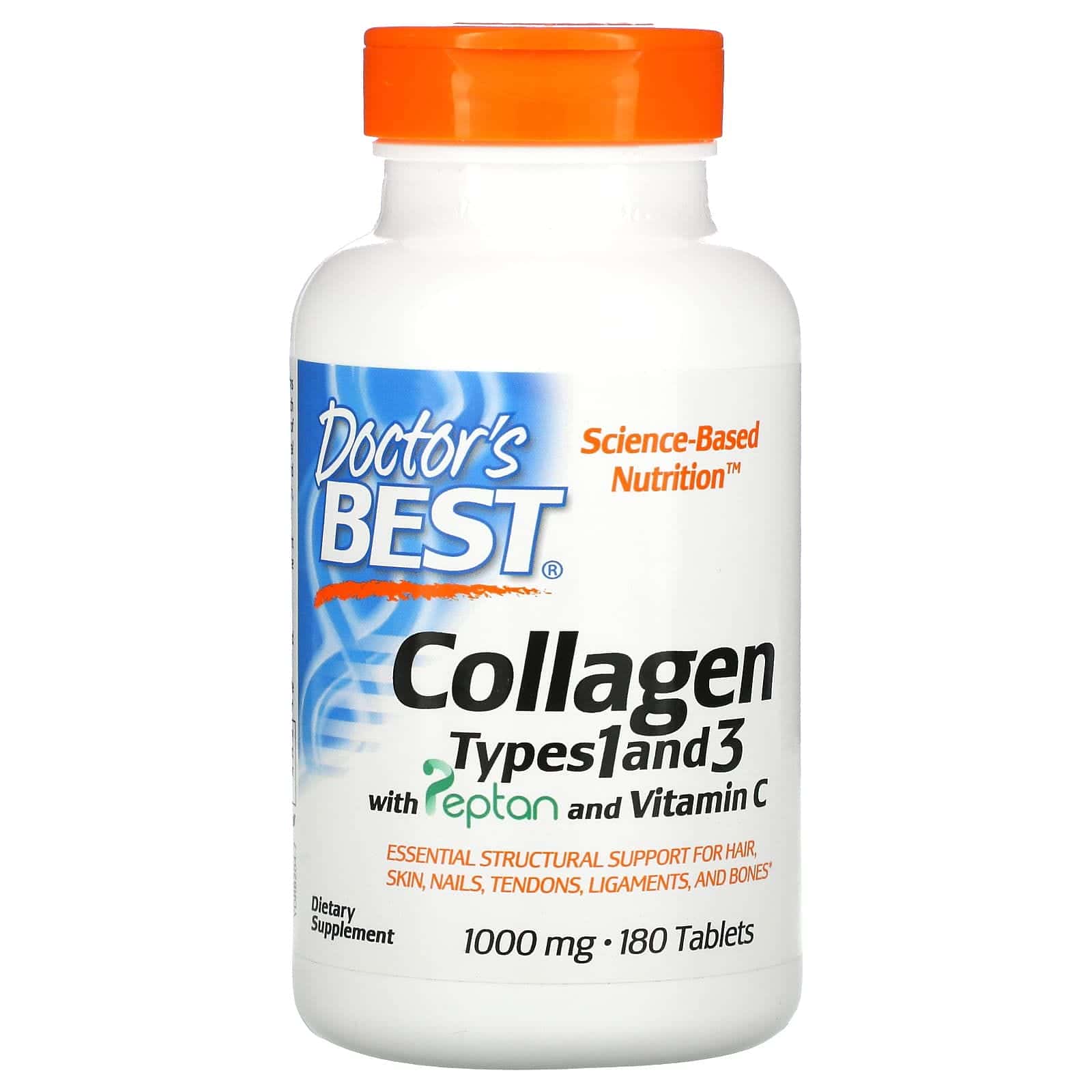 Doctor's Best, Colágeno de tipo 1 y 3 con Peptan y vitamina C, 1000 mg, 180 comprimidos