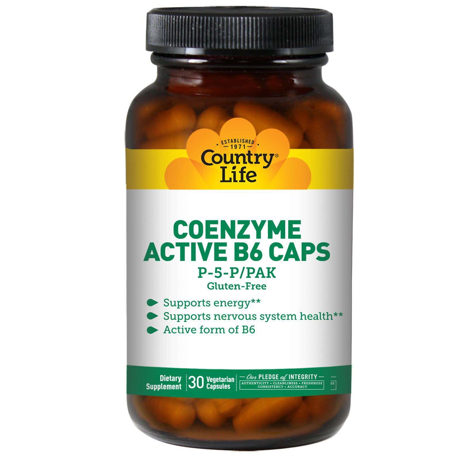 Country Life, Country Life, Sin Gluten, Coenzima Activo B6 Cápsulas, P-5-P/PAK, 30 Cápsulas Vegetarianas