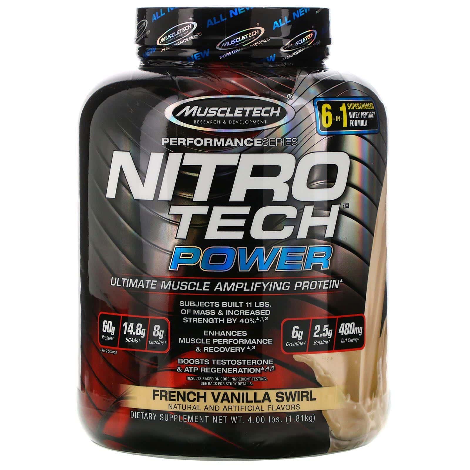 Muscletech, Nitro Tech Power, proteína superior para aumentar músculos, helado de vainilla francesa, 4.00 lbs (1.81 kg)