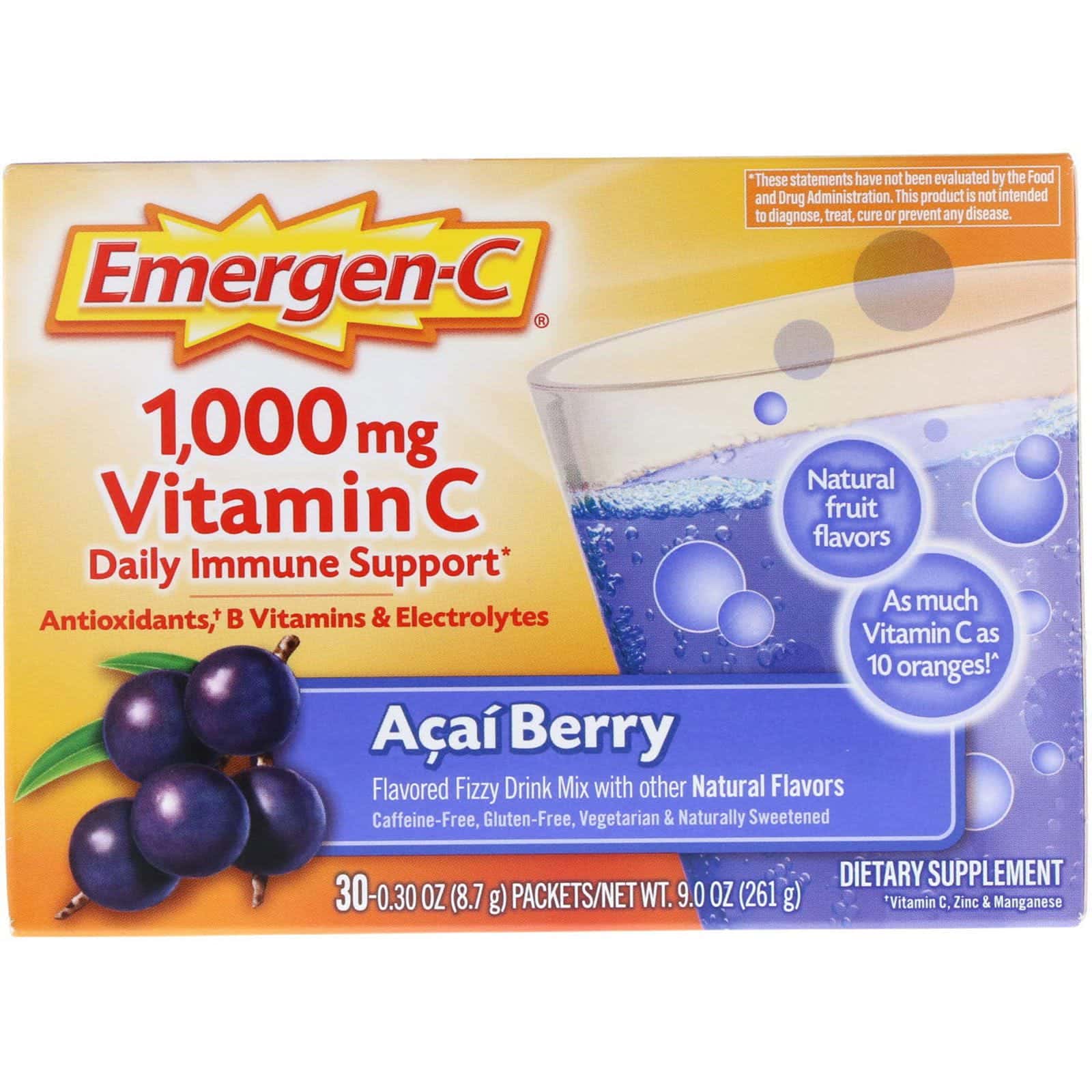 Emergen-C, 1,000 mg Vitamina C, Baya de Acai, 30 Paquetes, 8.4 g Each