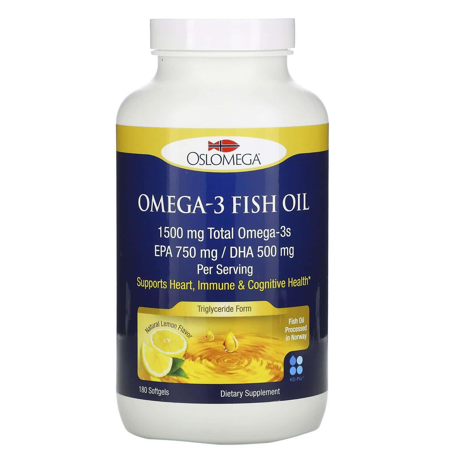 Oslomega, Aceite de pescado noruego con omega-3, Sabor a limón, 180 cápsulas blandas de gelatina de pescado