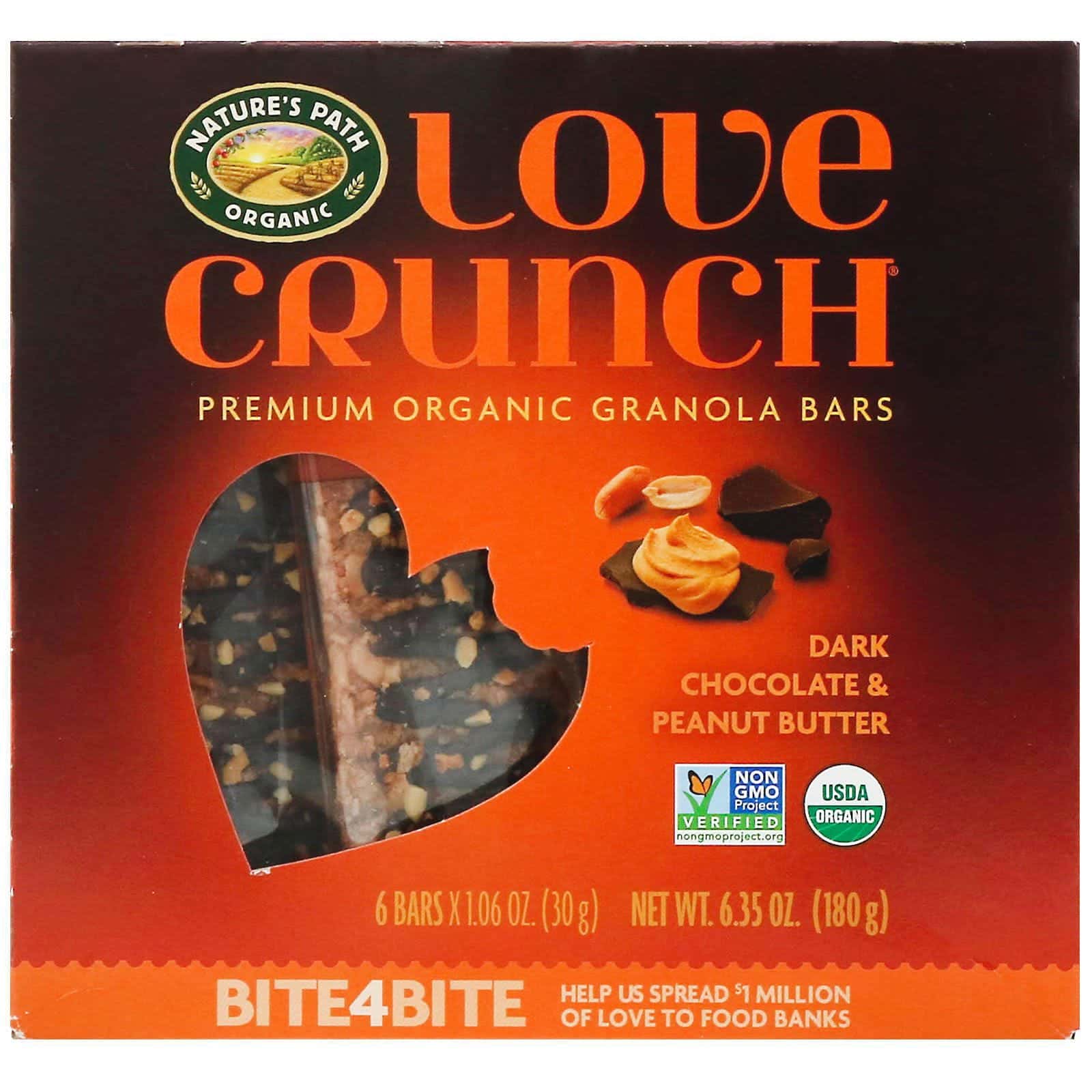 Nature's Path, Love Crunch, barritas de granola orgánica prémium, chocolate amargo y mantequilla de maní, 6 barritas, 30 g (1,06 oz) cada una