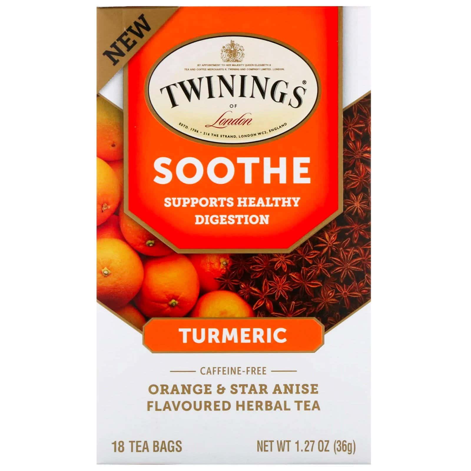 Twinings, Té de hierbas calmante, cúrcuma, naranja y anís estrellado, sin cafeína, 18 saquitos de té, 1.27 oz (36 g)