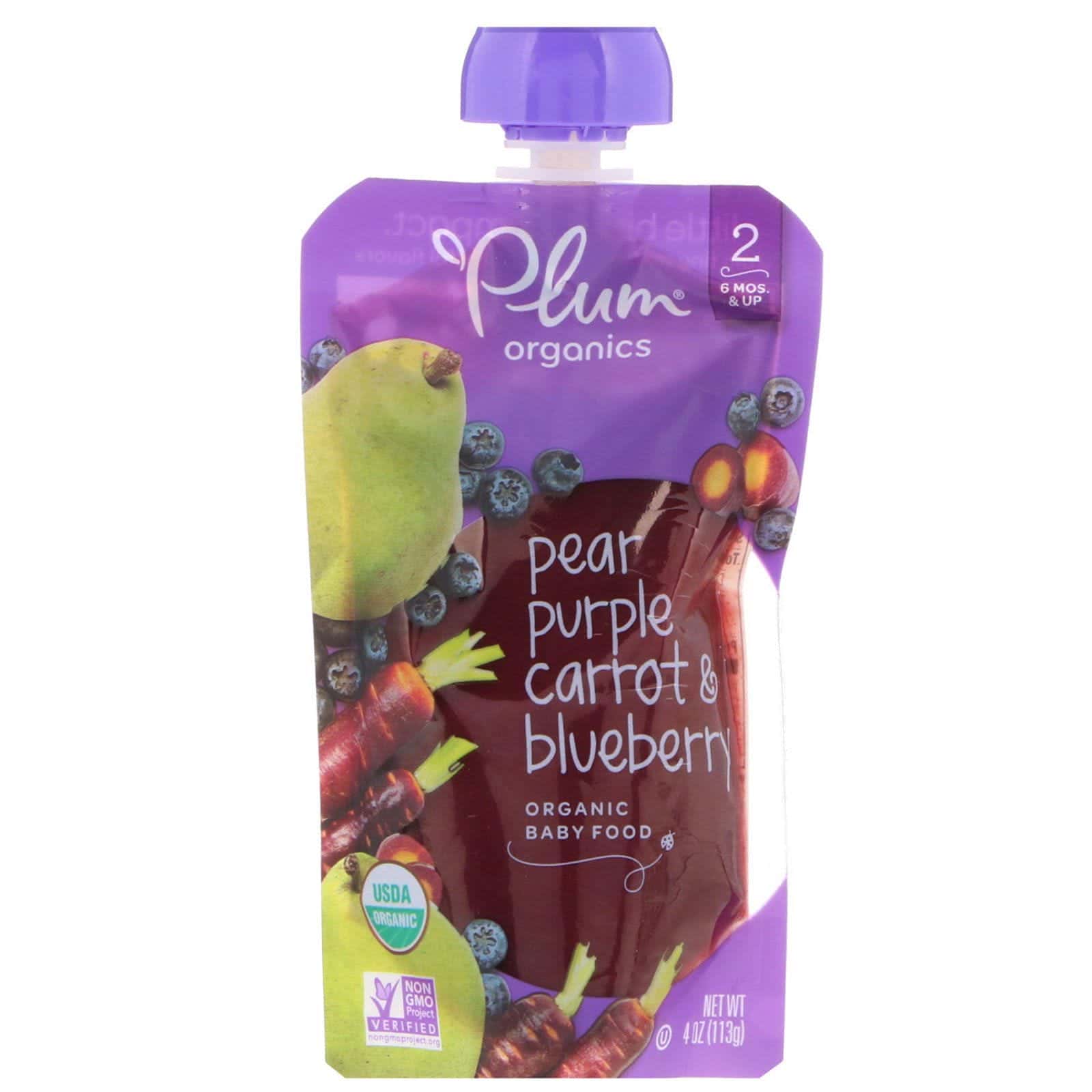 Plum Organics, Alimentos orgánicos para bebé, Etapa 2, pera, zanahoria púrpura y arándano, 4 oz (113 g)