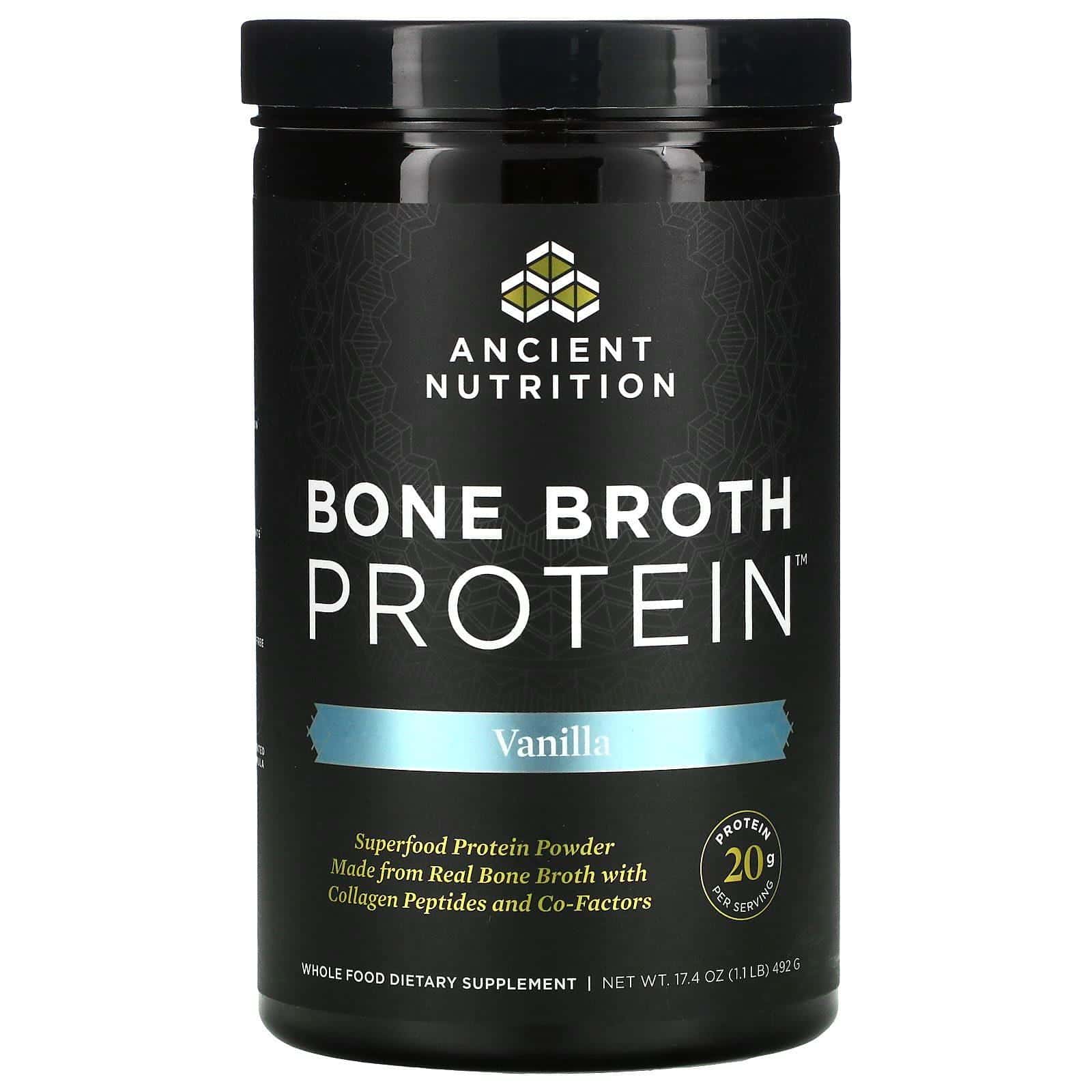Dr. Axe / Ancient Nutrition, Bone Broth Protein, Proteína de caldo de huesos, Vainilla, 492 g (17,4 oz)
