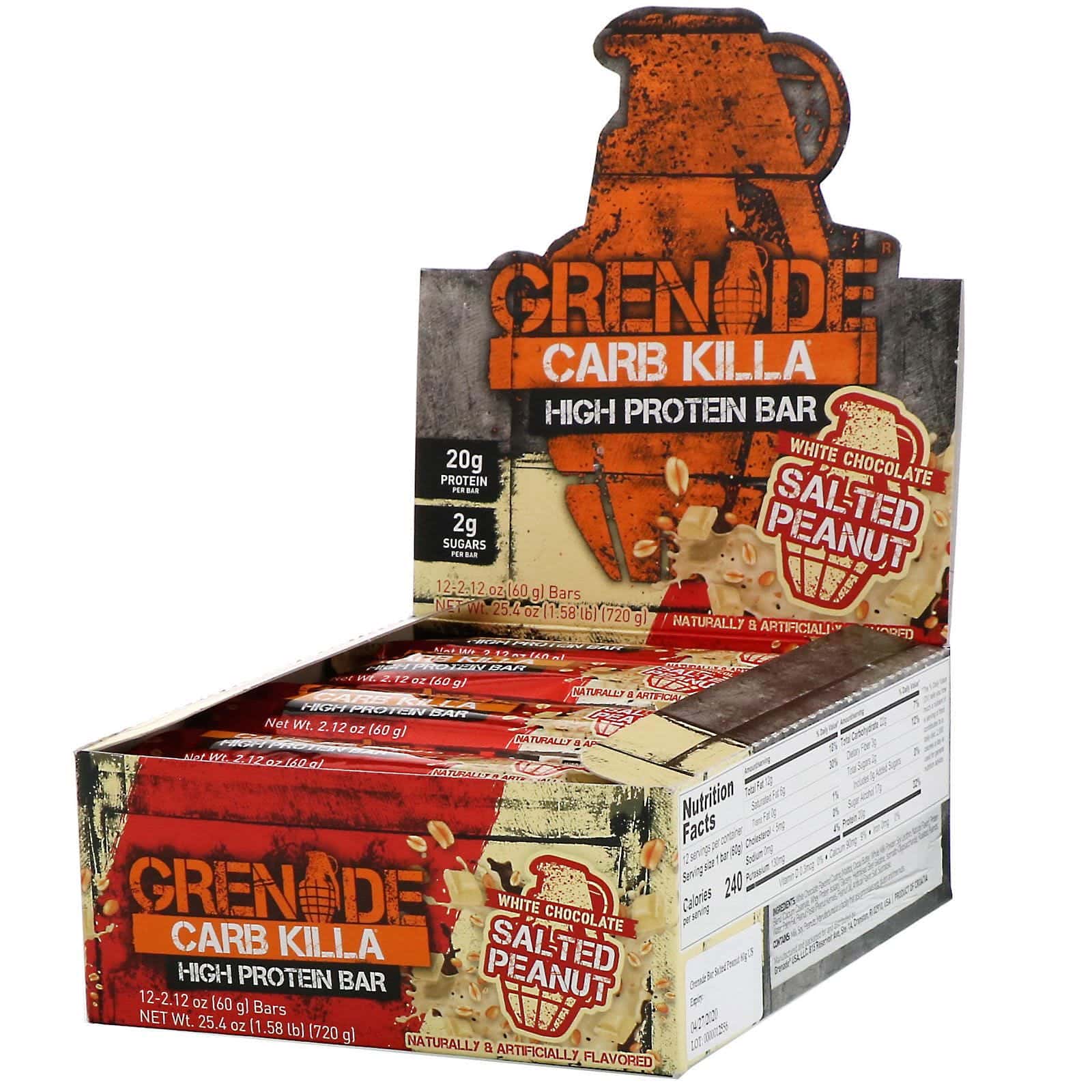 Grenade, Carb Killa, Barrita alta en proteínas, Maní salado con chocolate blanco, 12 barritas, 60 g (2,12 oz) cada una