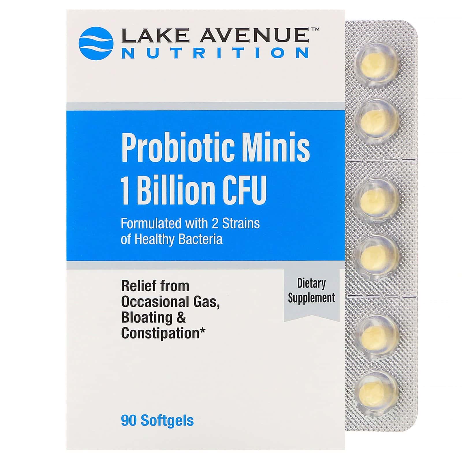 Lake Avenue Nutrition, Probióticos minis, 2 cepas de bacterias saludables, 1000 millones de UFC, 90 minicápsulas blandas