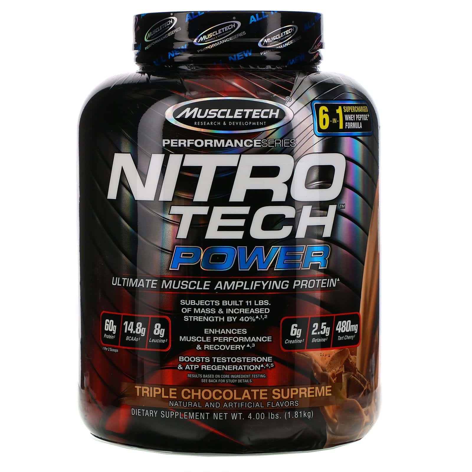 Muscletech, Nitro-Tech Power, Proteína de suero de leche en polvo superior para amplificar los músculos, Triple chocolate supremo, 1,81 kg (4,00 lb)