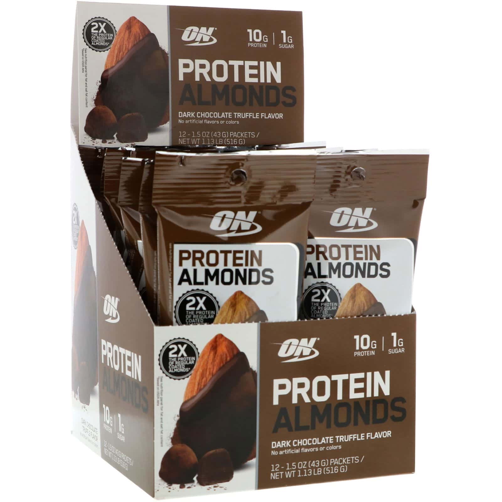 Optimum Nutrition, Almendras de proteína, Trufa de chocolate oscuro, 12 paquetes, 1.5 oz (43 g) c/u