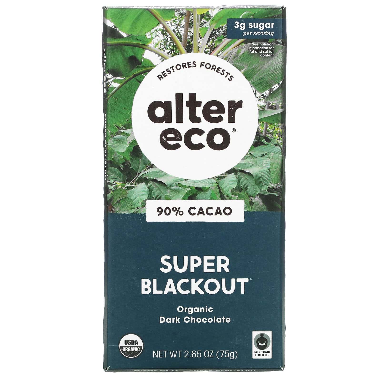 Alter Eco, Super Blackout, Barra de chocolate negro orgánico, 90 % de cacao, 75 g (2,65 oz)