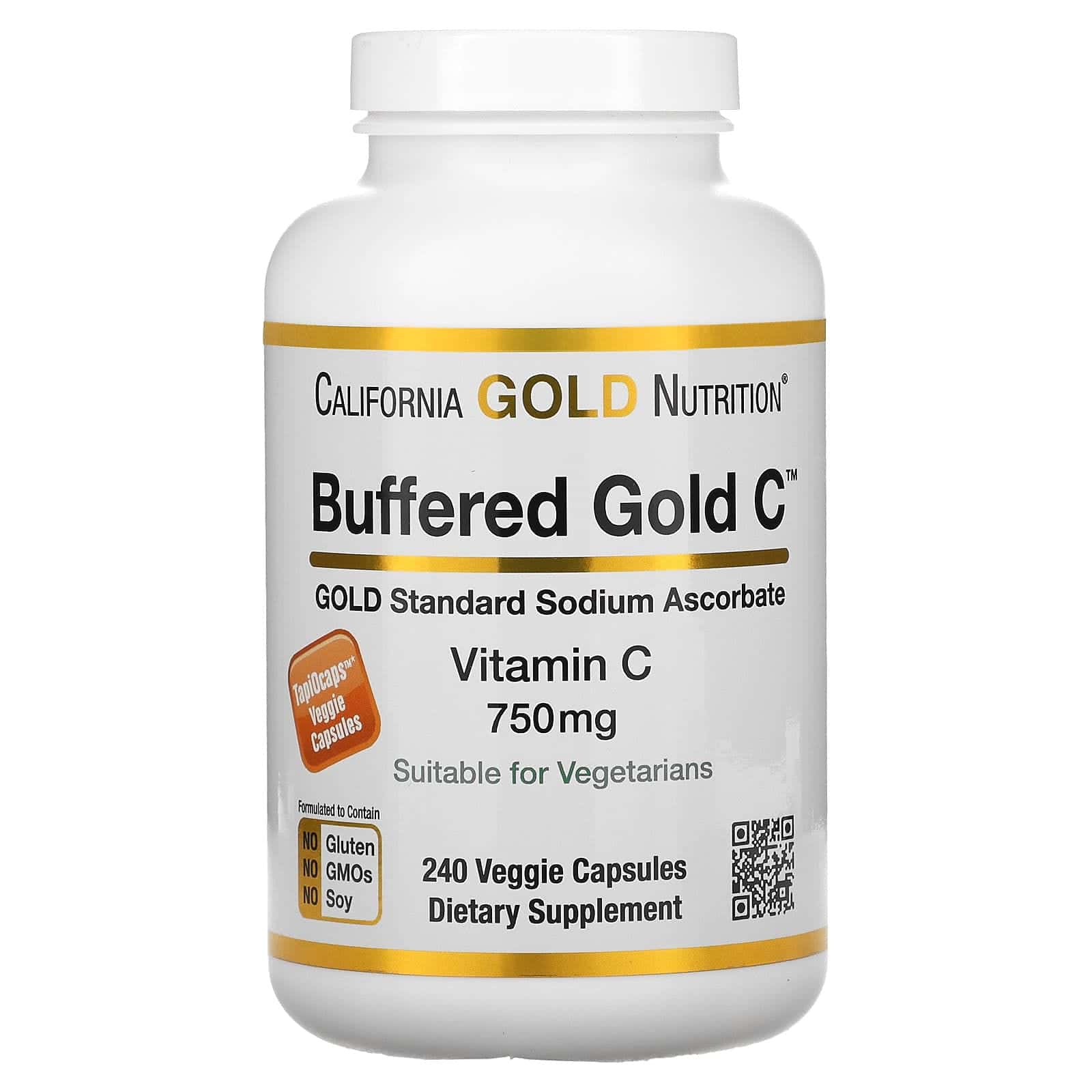 California Gold Nutrition, Vitamina C regulada Gold C, Ascorbato de sodio (vitamina C) estándar de referencia, 750 mg, 240 cápsulas vegetales