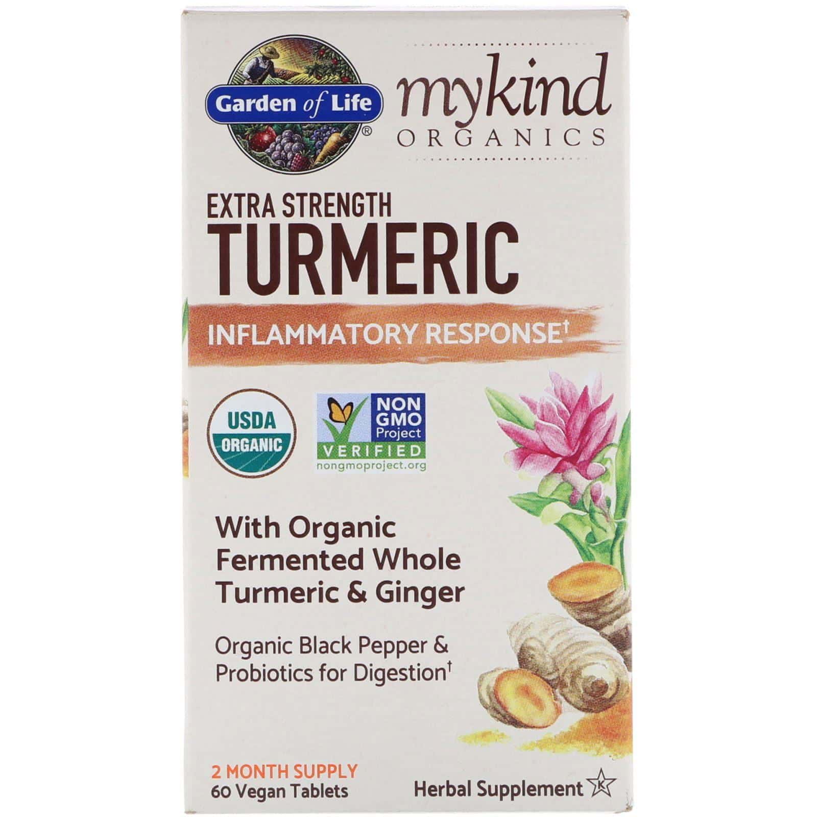 Garden of Life, MyKind, Productos orgánicos, Cúrcuma extrafuerte, Respuesta inflamatoria, 60 comprimidos veganos