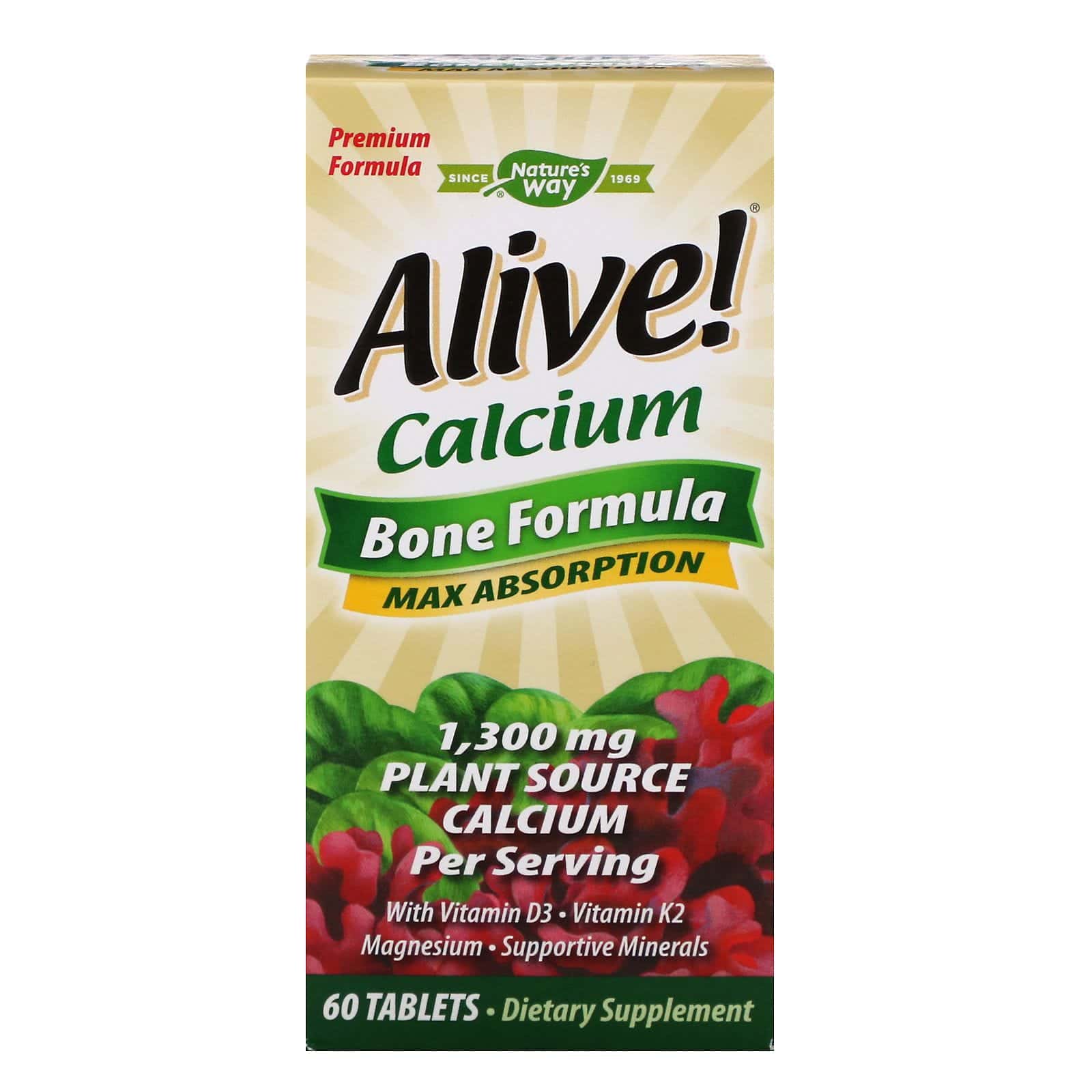 Nature's Way, Alive!, Calcio, Fórmula para los huesos, 1300 mg, 60 comprimidos