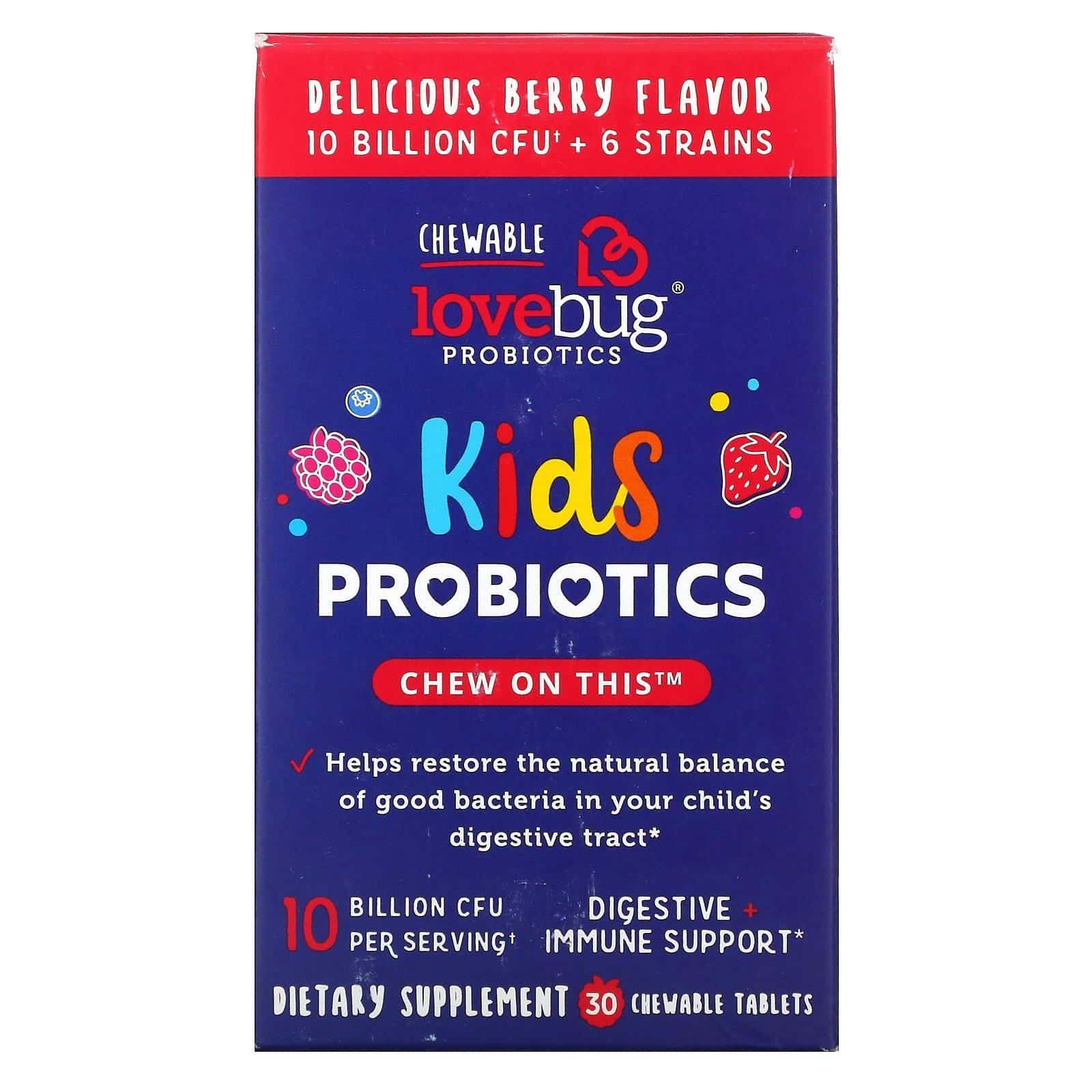 LoveBug, Kids Probiotics, Delicious Berry , 10 Billion CFU, 30 Chewable Tablets