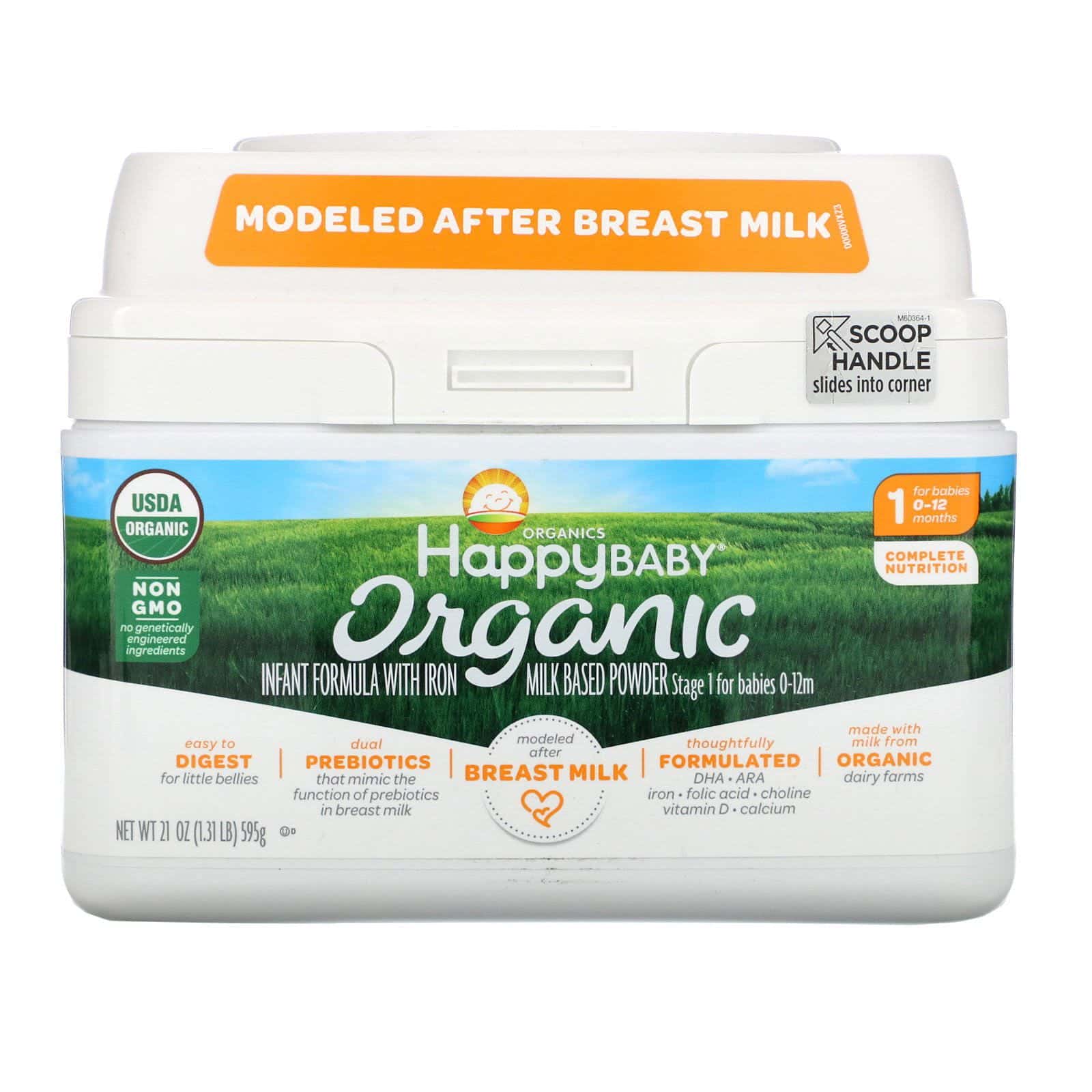 Happy Family Organics, Bebé feliz orgánico, fórmula infantil con hierro, etapa 1, del nacimiento a 12 meses, 21 oz (595 g)