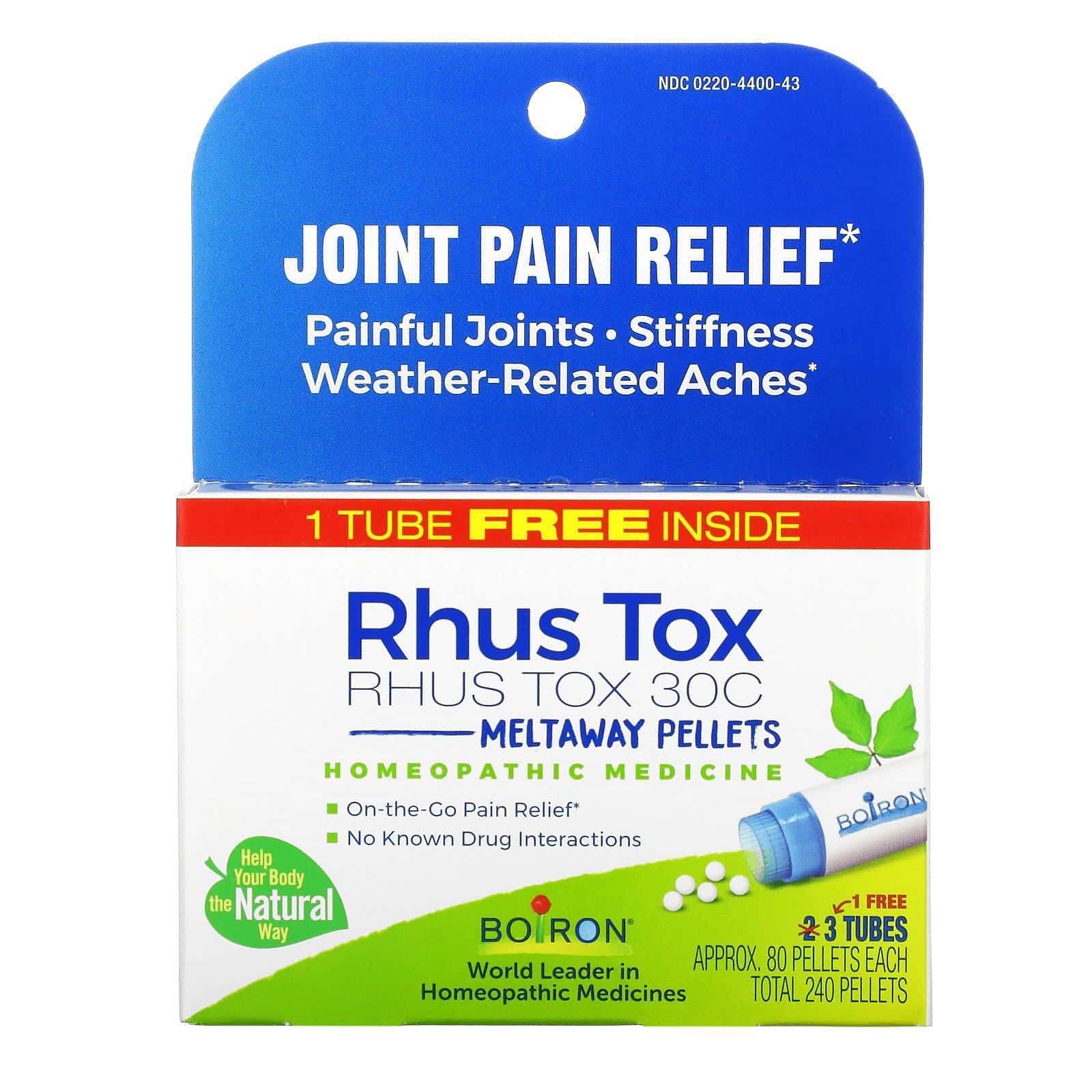 Boiron, Rhus Tox, Joint Pain Relief, Meltaway Pellets, 30C, 3 Tubes, 80 Pellets Each
