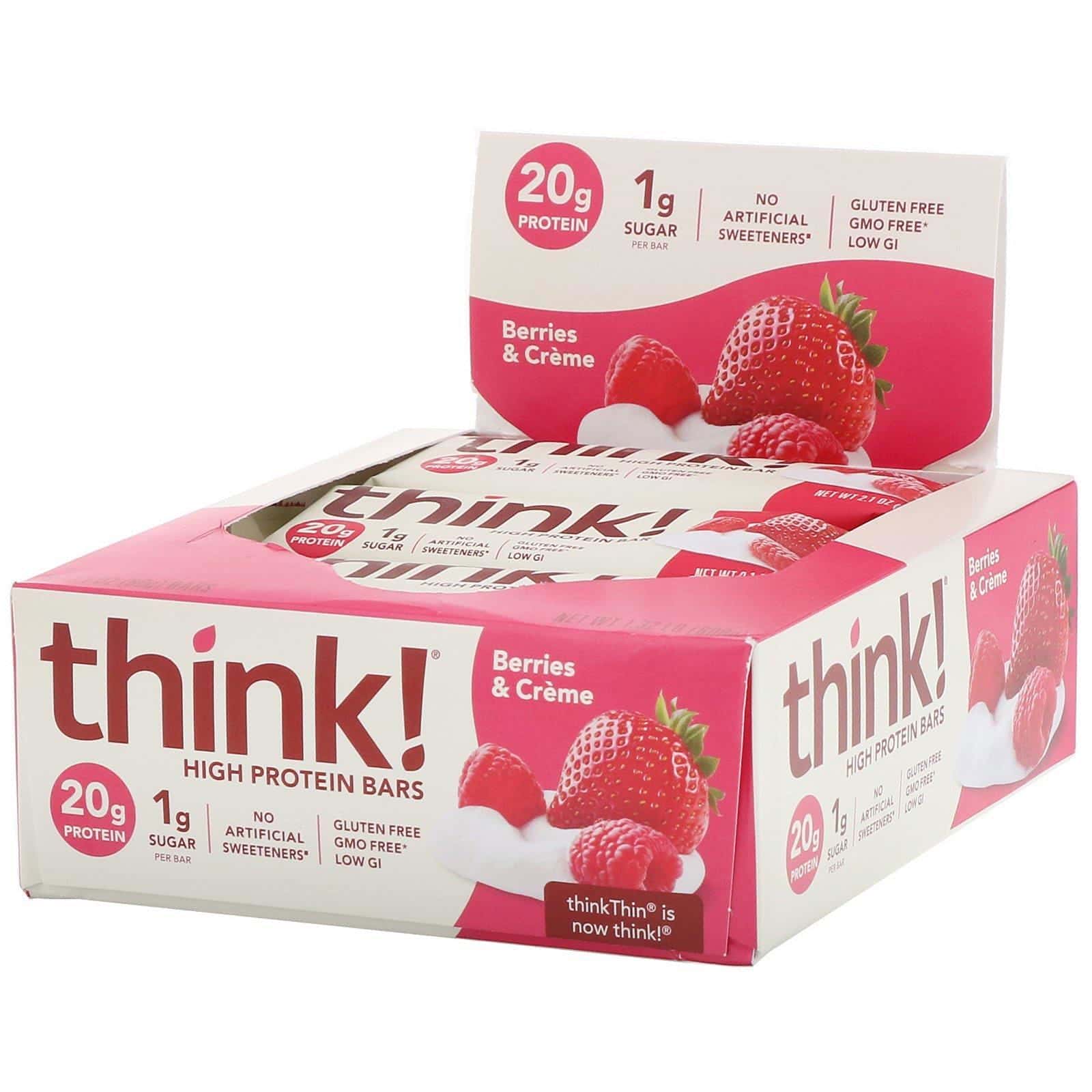 ThinkThin, High Protein Bars, Berries & Crï¿½me, 10 Bars, 2.1 oz (60 g) Each
