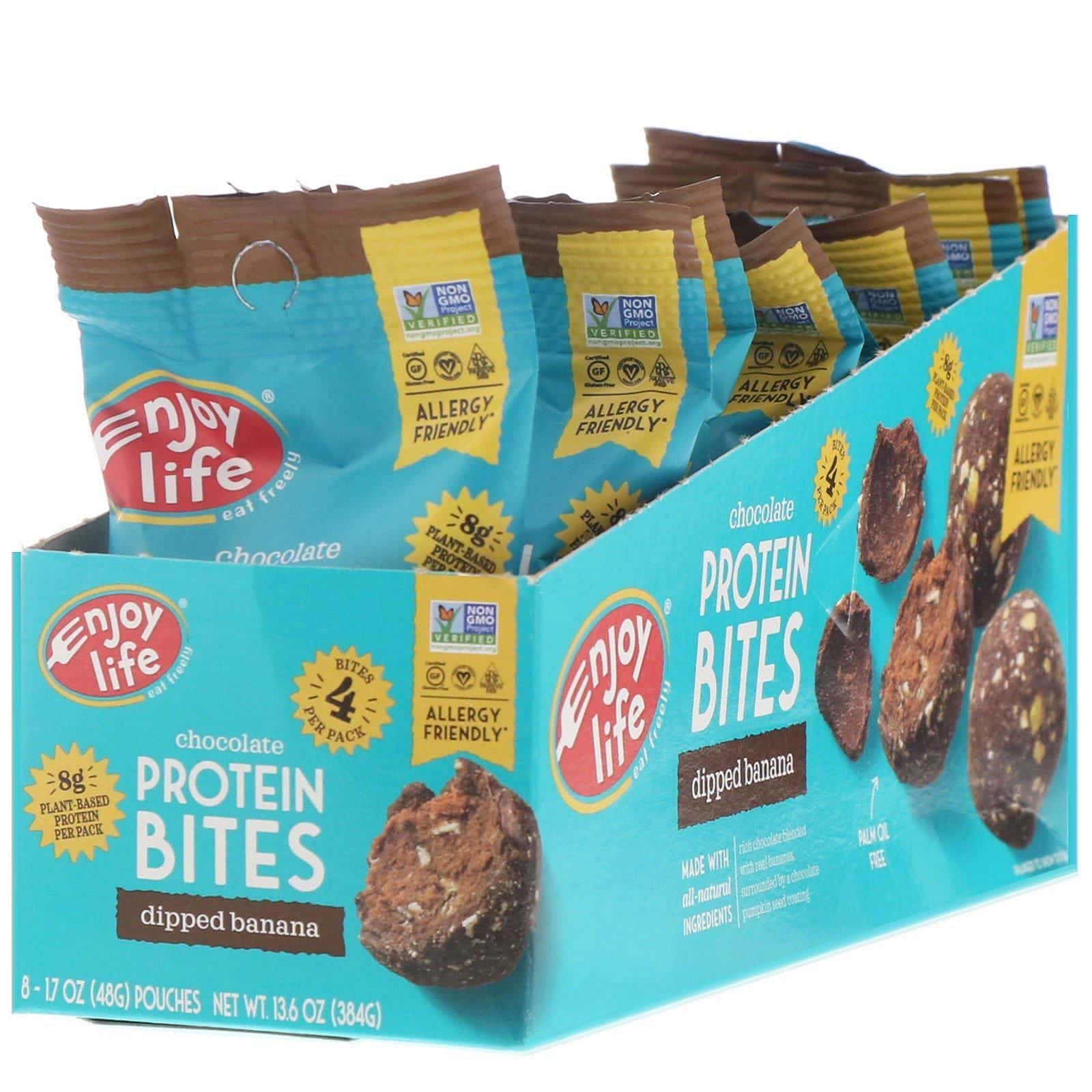 Enjoy Life Foods, Bocadillos proteicos de chocolate, Plátano recubierto, 8 bolsas, 48 g (1,7 oz) cada una