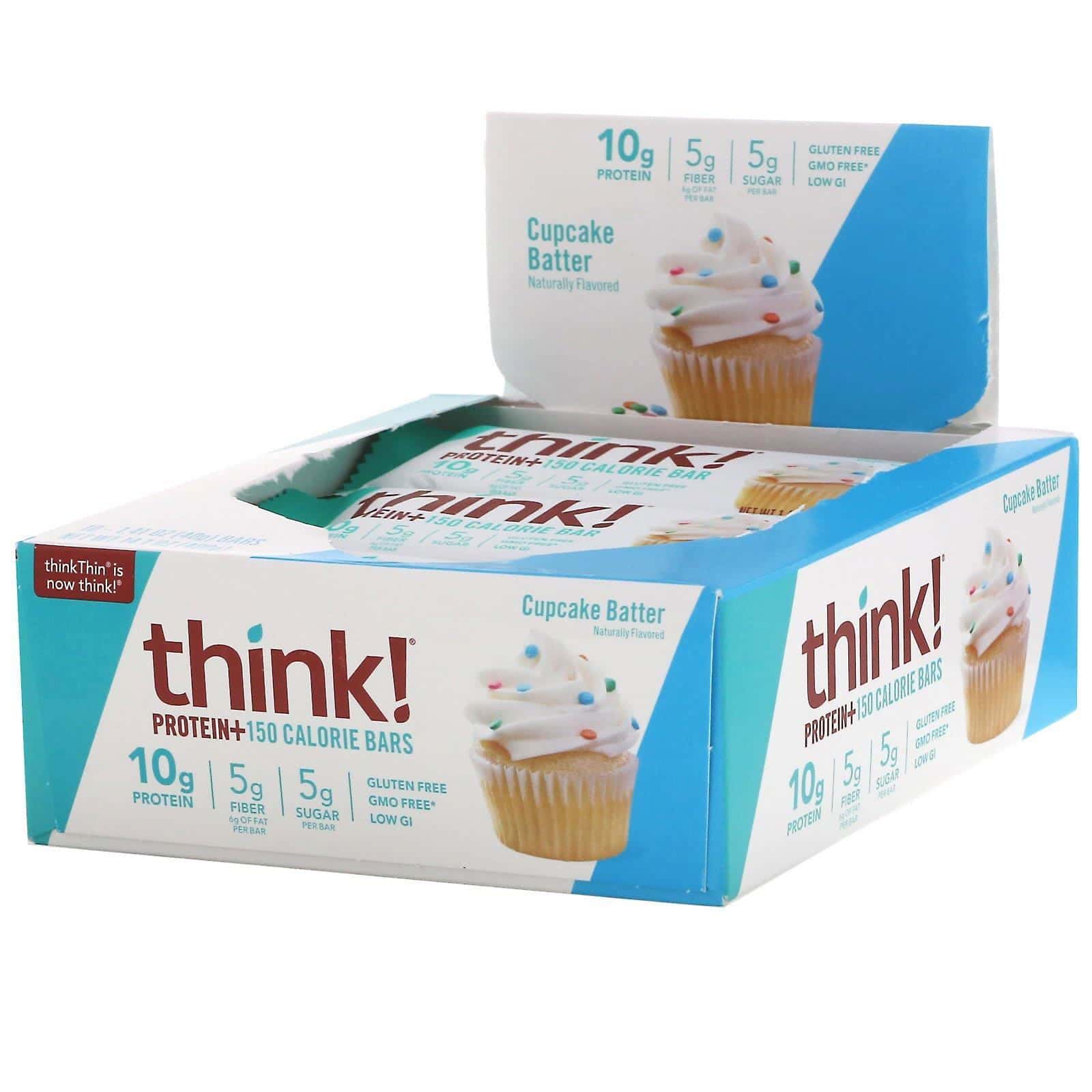ThinkThin, Barras de 150 calorías Protein+, Sabor masa de cupcake, 10 barras, 1,41 oz (40 g) cada una