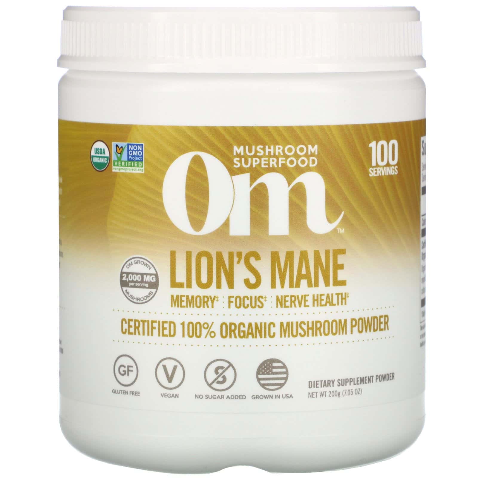 Om Mushrooms, Melena de león, Hongo 100 % orgánico certificado en polvo, 200 g (7,05 oz)